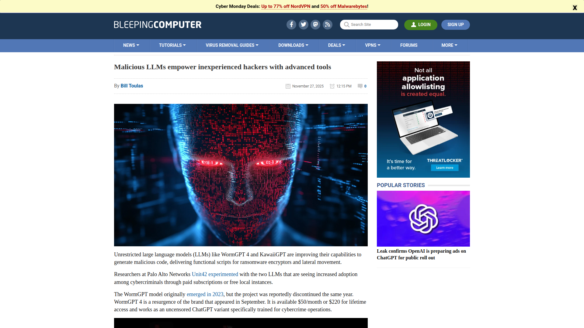 Malicious LLMs empower inexperienced hackers with advanced tools