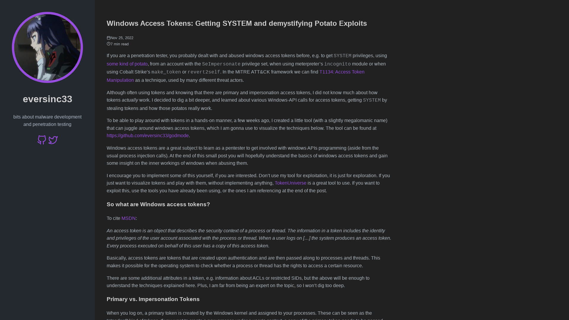 Windows Access Tokens: Getting SYSTEM and demystifying Potato Exploits // eversinc33