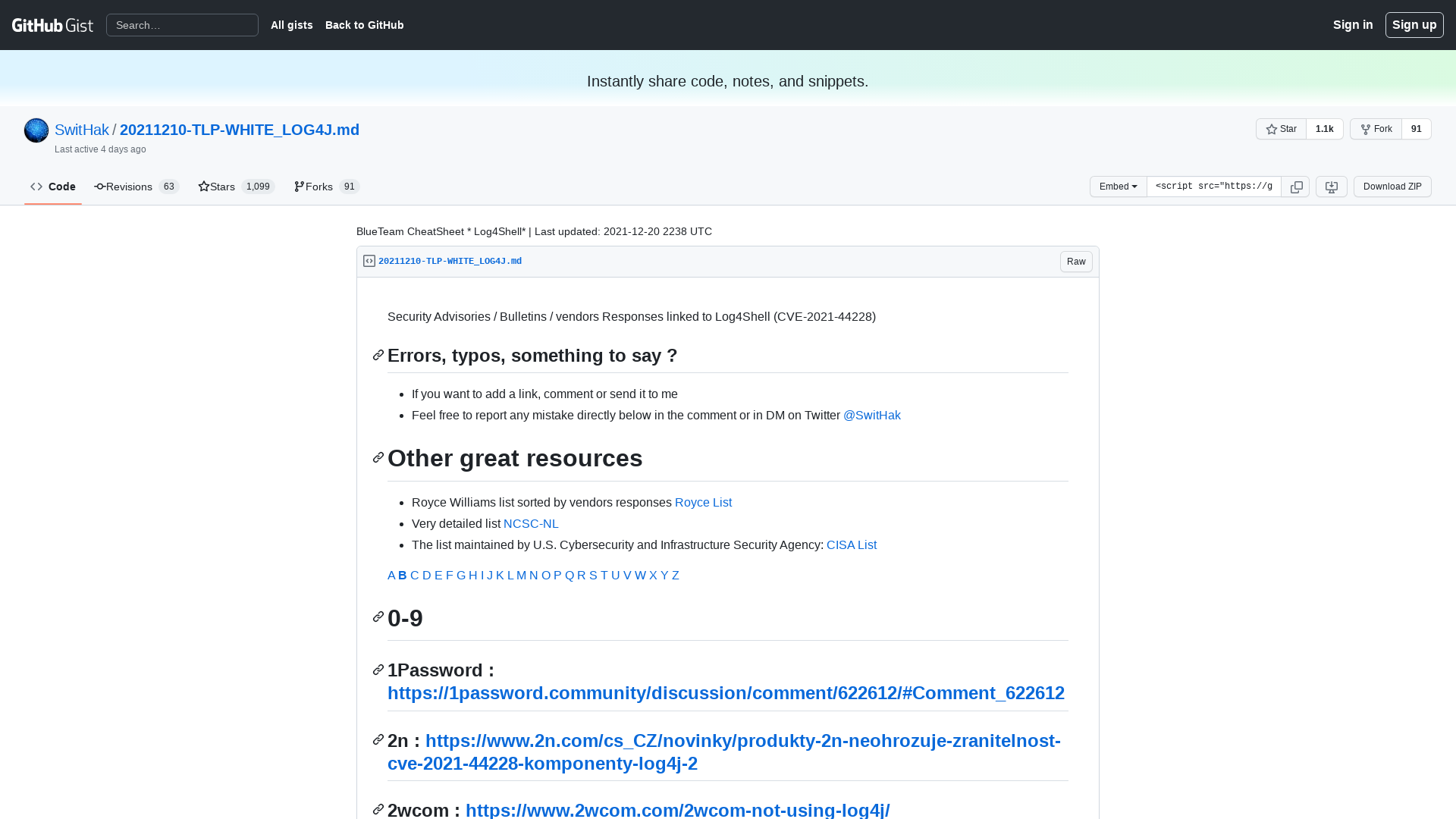 BlueTeam CheatSheet * Log4Shell* | Last updated: 2021-12-20 2238 UTC · GitHub