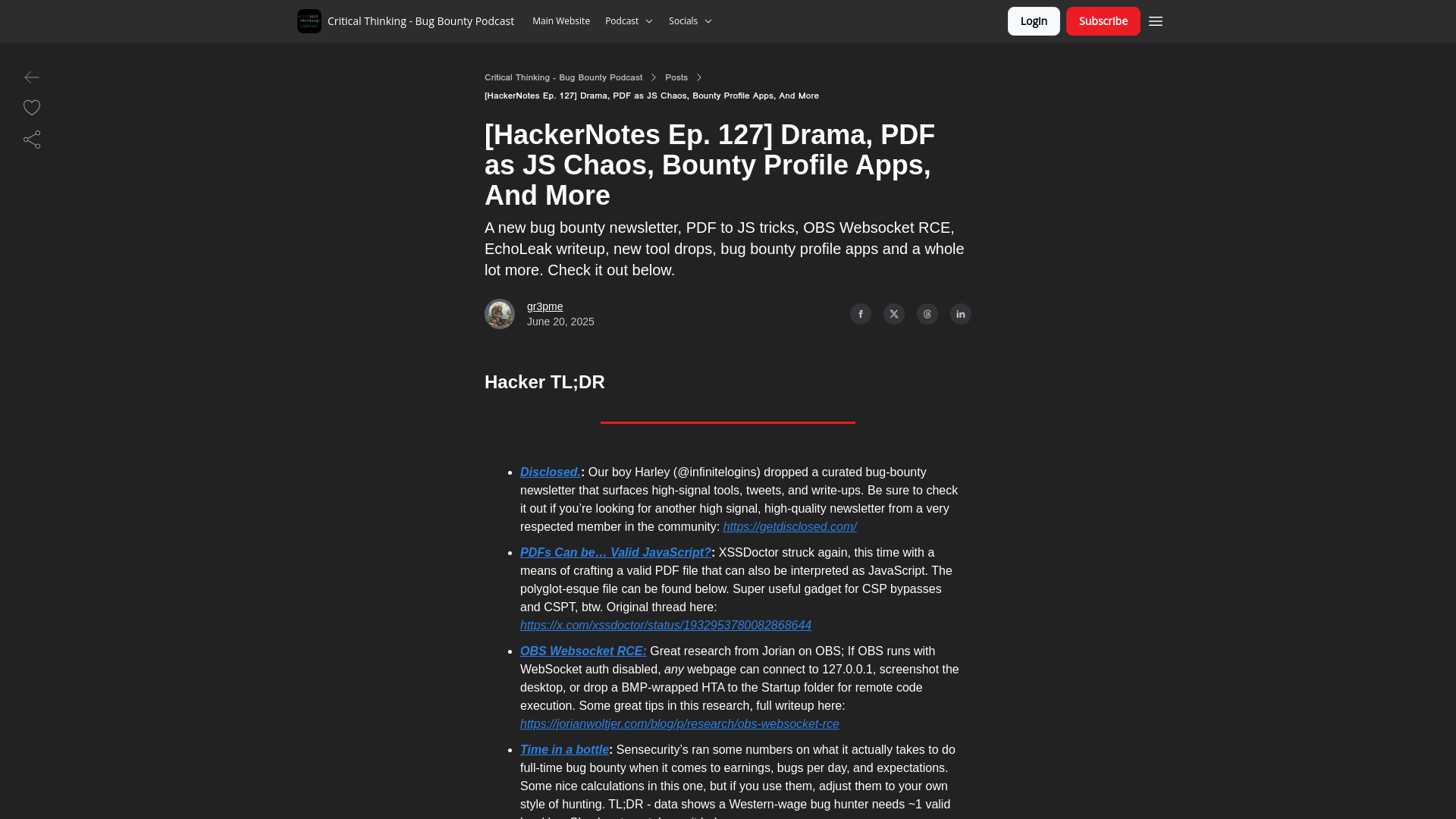 [HackerNotes Ep. 127] Drama, PDF as JS Chaos, Bounty Profile Apps, And More