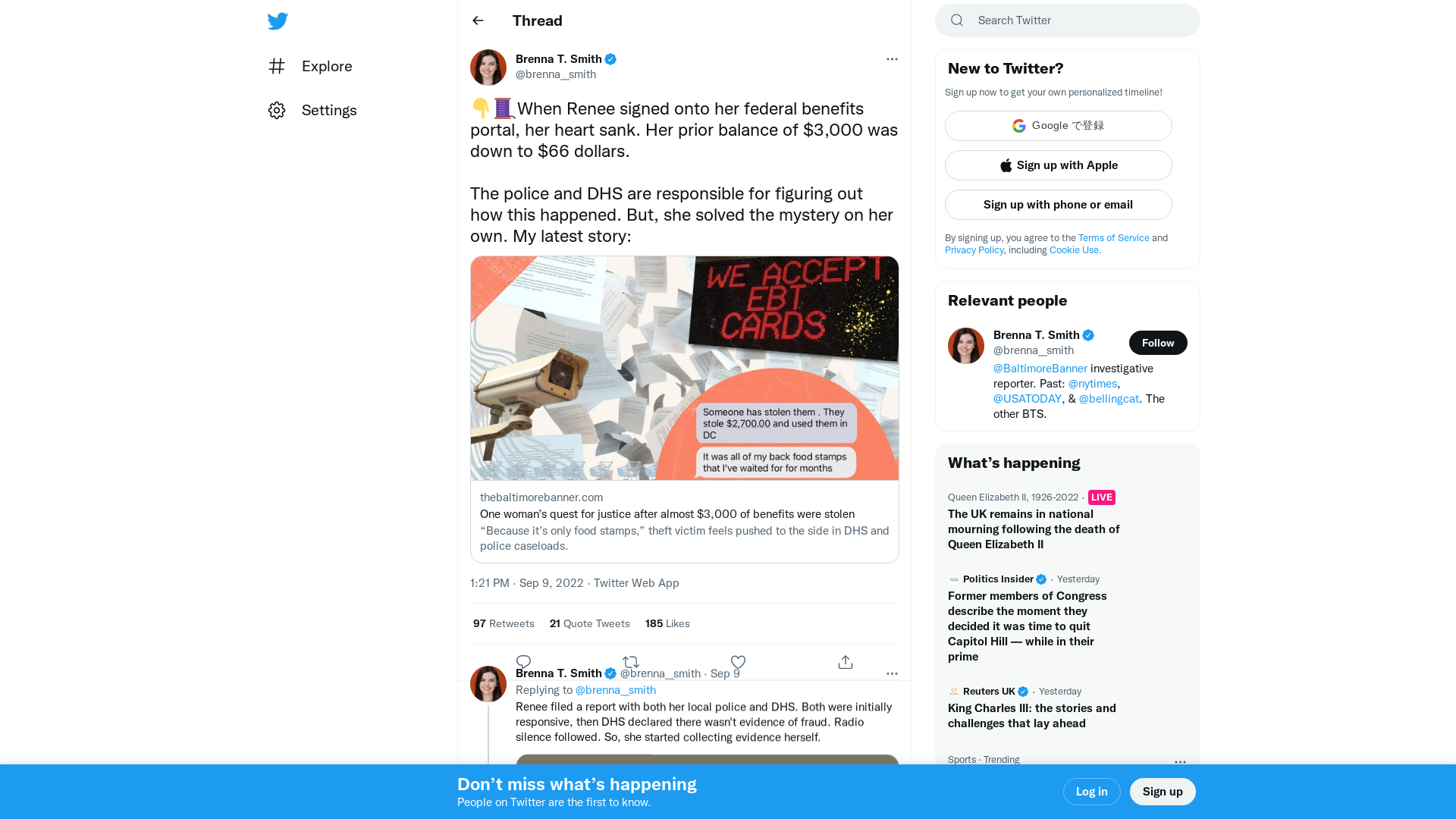 Brenna T. Smith on Twitter: "👇🧵When Renee signed onto her federal benefits portal, her heart sank. Her prior balance of $3,000 was down to $66 dollars. The police and DHS are responsible for figuring out how this happened. But, she solved the mystery on her own. My latest story:https://t.co/K9ssIz6IlH" / Twitter