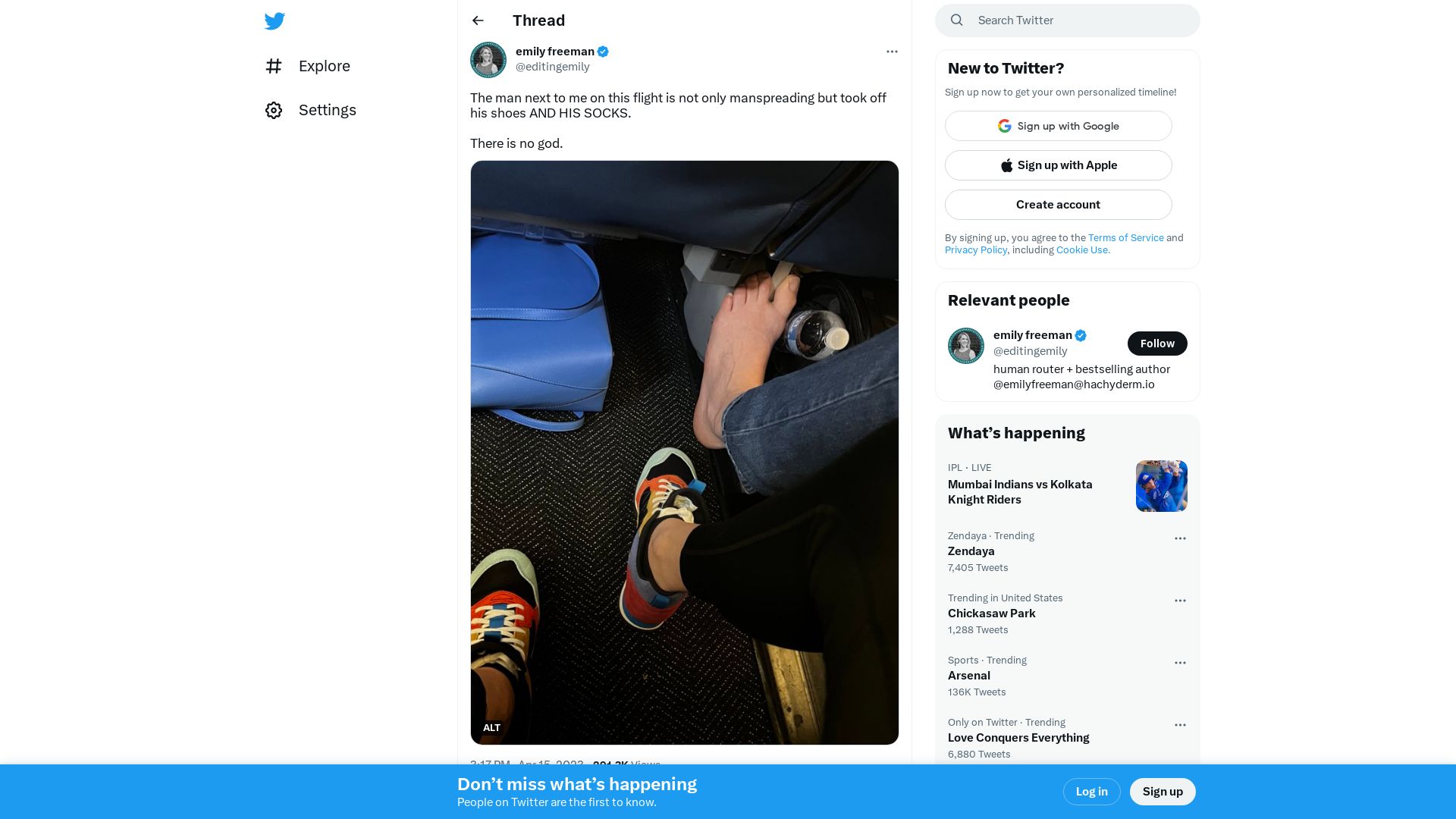 emily freeman on Twitter: "The man next to me on this flight is not only manspreading but took off his shoes AND HIS SOCKS. There is no god. https://t.co/QUM3dJQZId" / Twitter