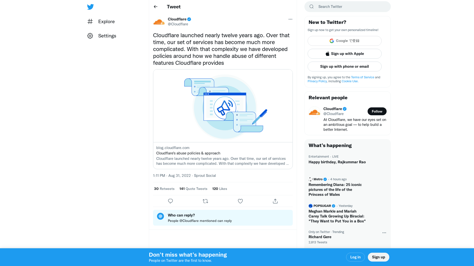 Cloudflare on Twitter: "Cloudflare launched nearly twelve years ago. Over that time, our set of services has become much more complicated. With that complexity we have developed policies around how we handle abuse of different features Cloudflare provides https://t.co/dxJw0yg6MA" / Twitter