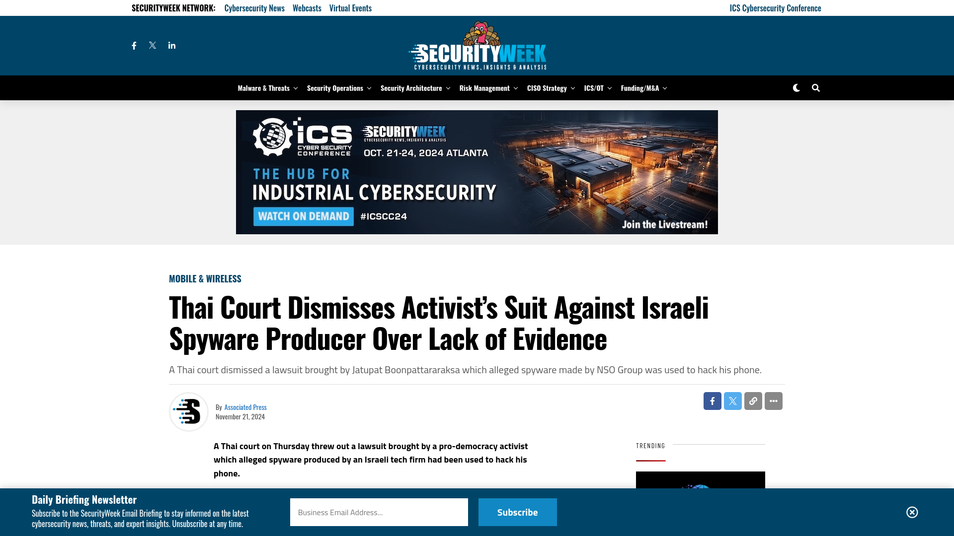 Thai Court Dismisses Activist’s Suit Against Israeli Spyware Producer Over Lack of Evidence - SecurityWeek