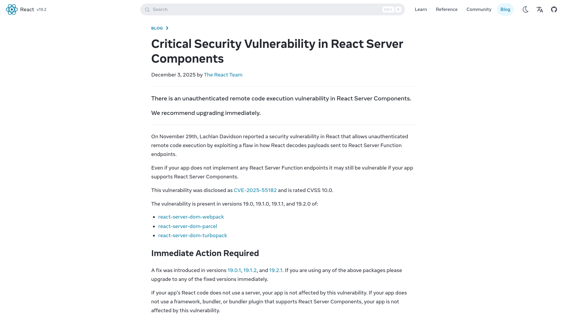 Critical Security Vulnerability in React Server Components – React