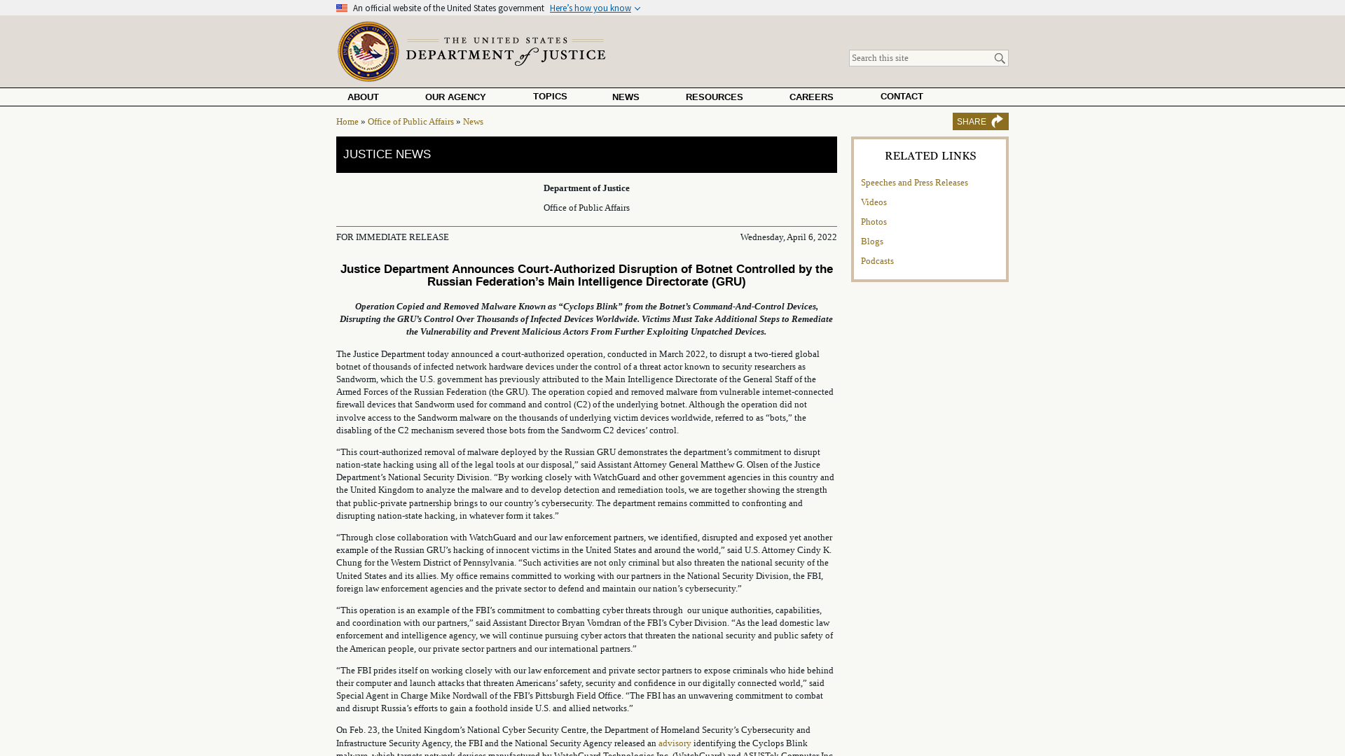Justice Department Announces Court-Authorized Disruption of Botnet Controlled by the Russian Federation’s Main Intelligence Directorate (GRU) | OPA | Department of Justice