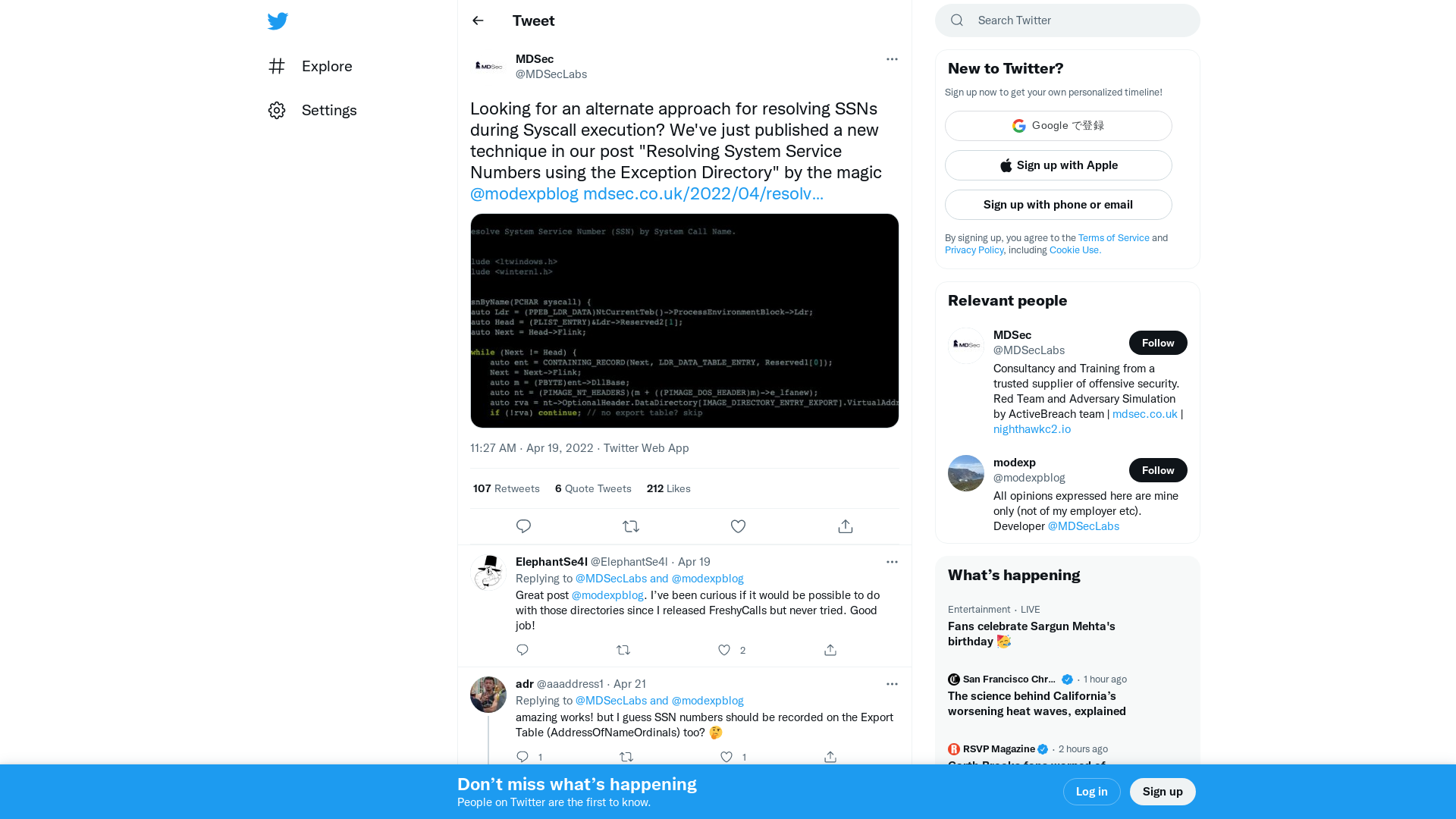 MDSec on Twitter: "Looking for an alternate approach for resolving SSNs during Syscall execution? We've just published a new technique in our post "Resolving System Service Numbers using the Exception Directory" by the magic @modexpblog https://t.co/oTFAgTStsw https://t.co/Nfi5YEDx5E" / Twitter