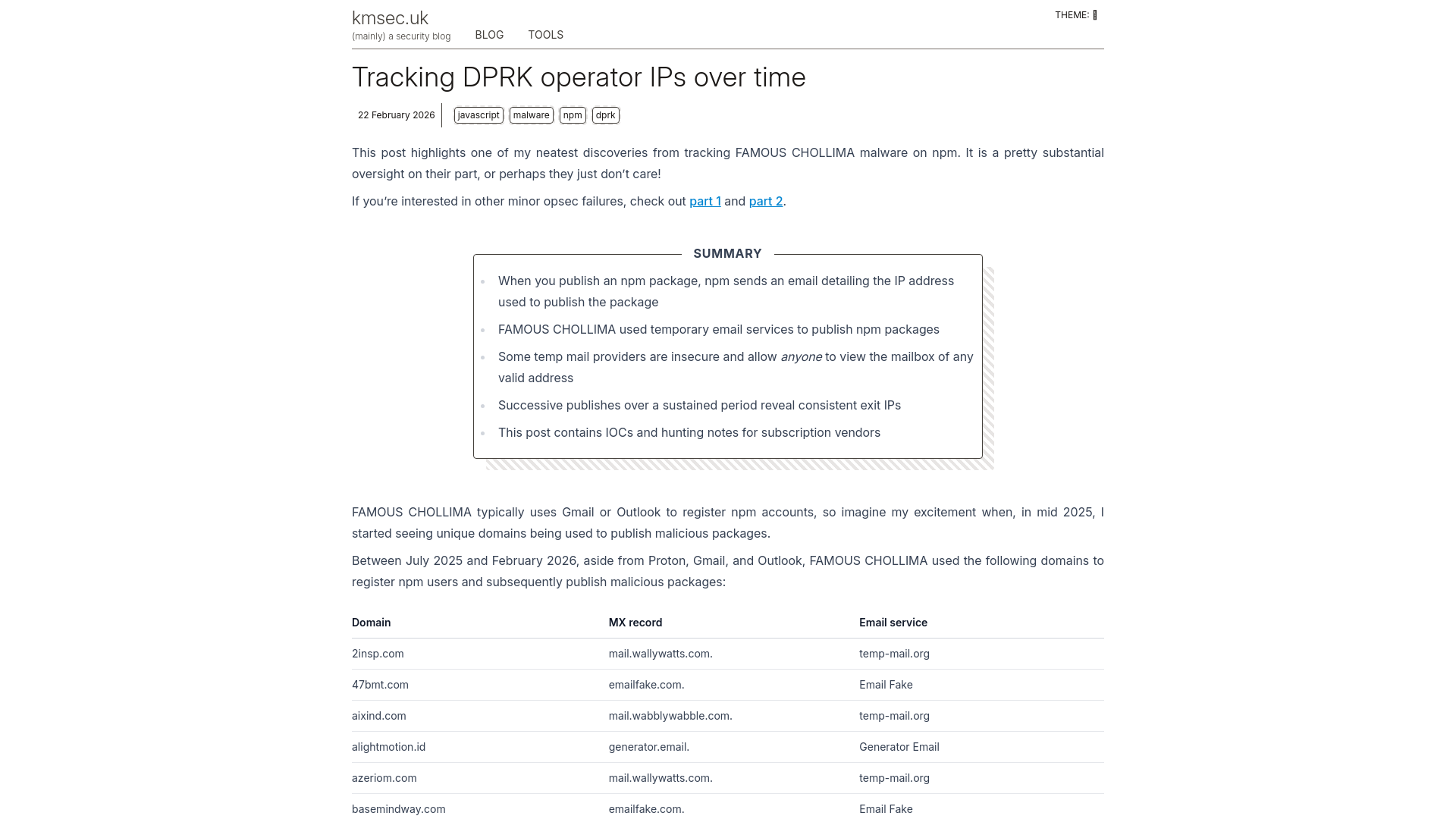 Tracking DPRK operator IPs over time | kmsec.uk