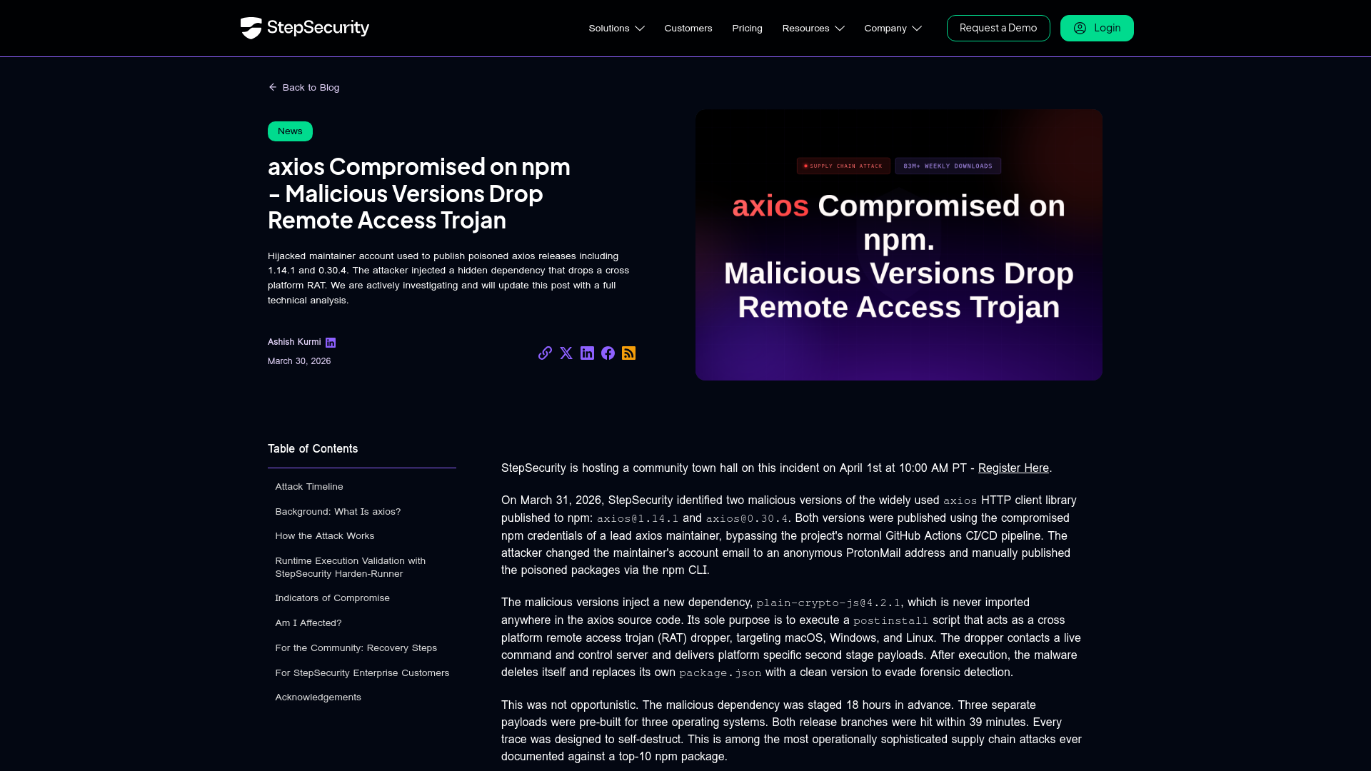 axios Compromised on npm - Malicious Versions Drop Remote Access Trojan - StepSecurity