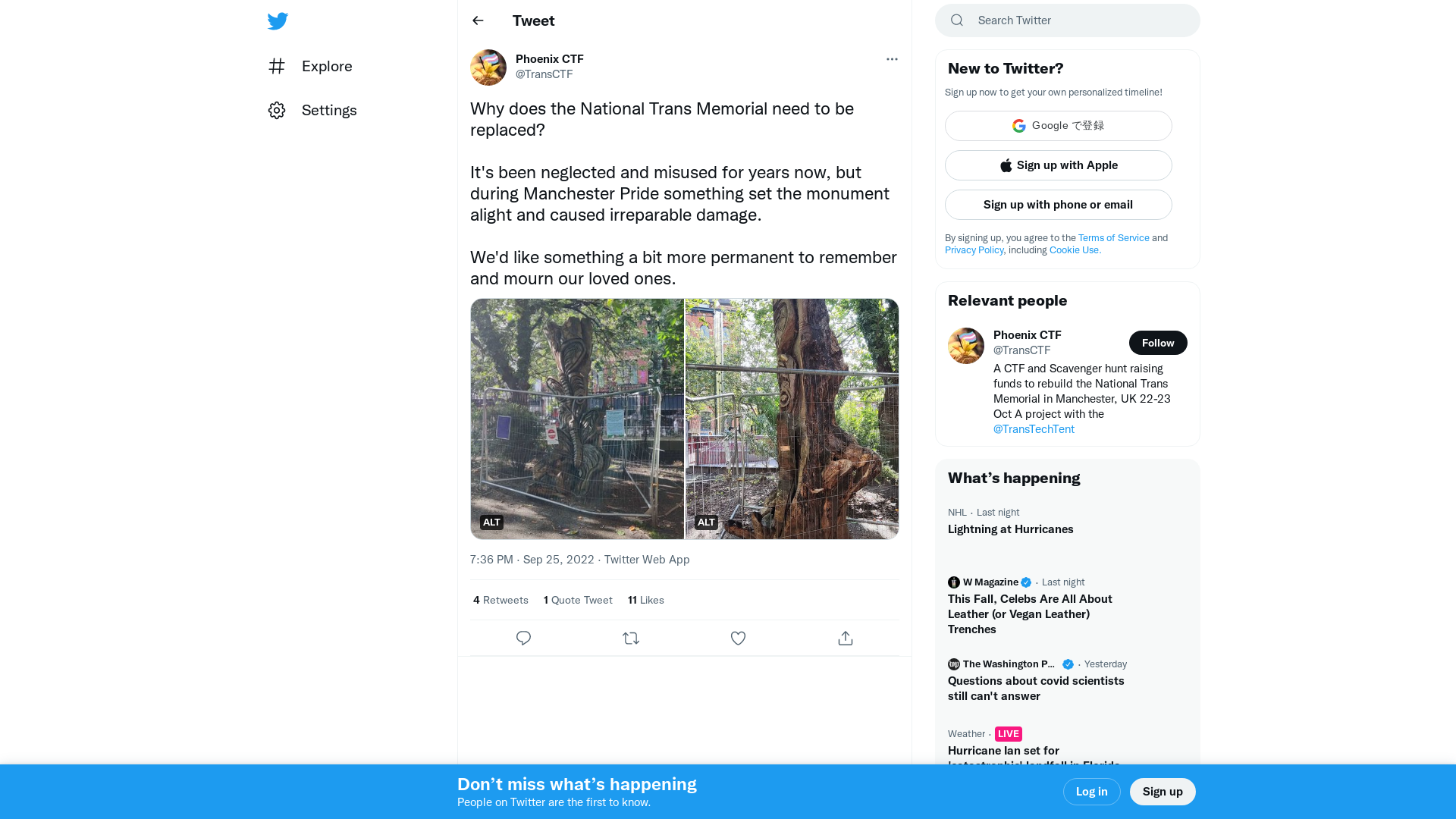 Phoenix CTF on Twitter: "Why does the National Trans Memorial need to be replaced? It's been neglected and misused for years now, but during Manchester Pride something set the monument alight and caused irreparable damage. We'd like something a bit more permanent to remember and mourn our loved ones. https://t.co/jLHj74B6Mg" / Twitter