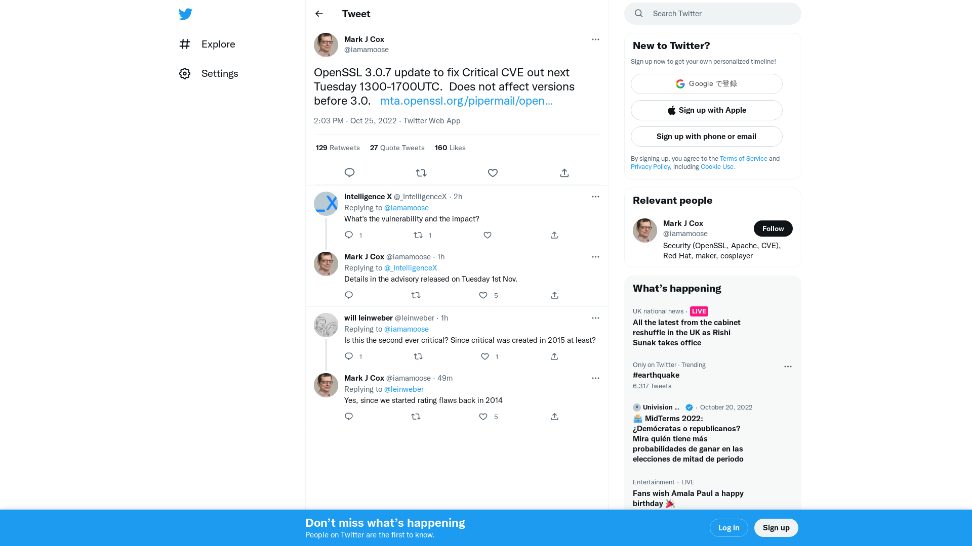 Mark J Cox on Twitter: "OpenSSL 3.0.7 update to fix Critical CVE out next Tuesday 1300-1700UTC. Does not affect versions before 3.0. https://t.co/jIRQhx0nCr" / Twitter