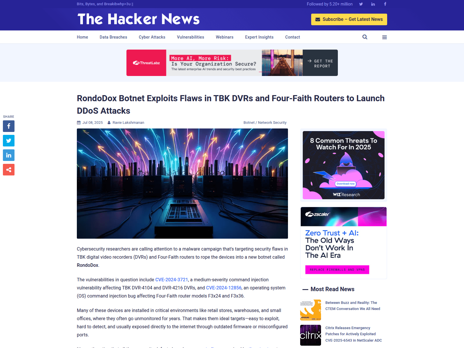 RondoDox Botnet Exploits Flaws in TBK DVRs and Four-Faith Routers to Launch DDoS Attacks