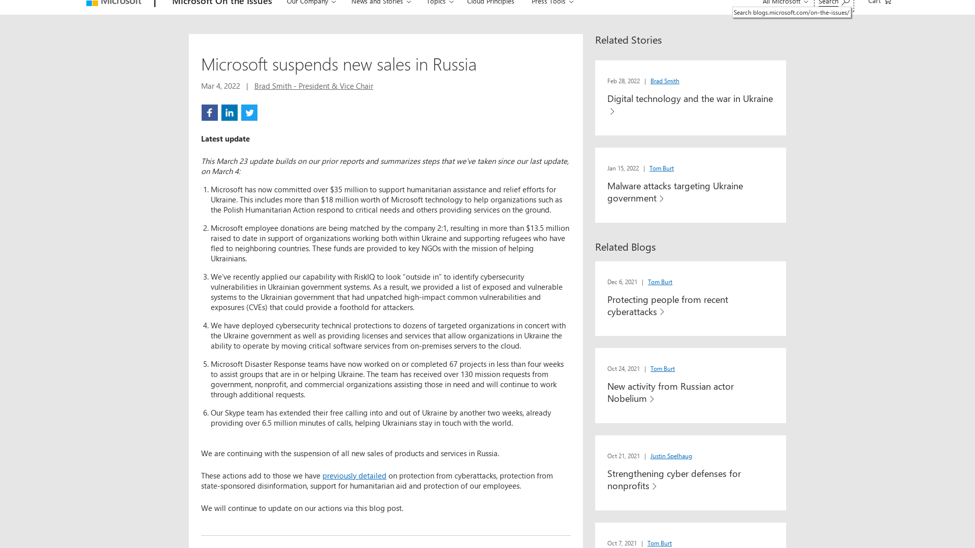 Microsoft suspends new sales in Russia - Microsoft On the Issues
