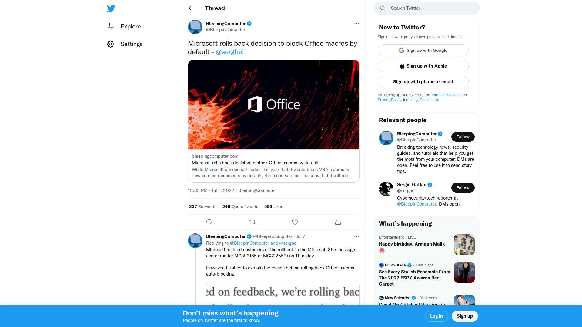 BleepingComputer on Twitter: "Microsoft rolls back decision to block Office macros by default - @serghei https://t.co/9BK0slNuEw" / Twitter