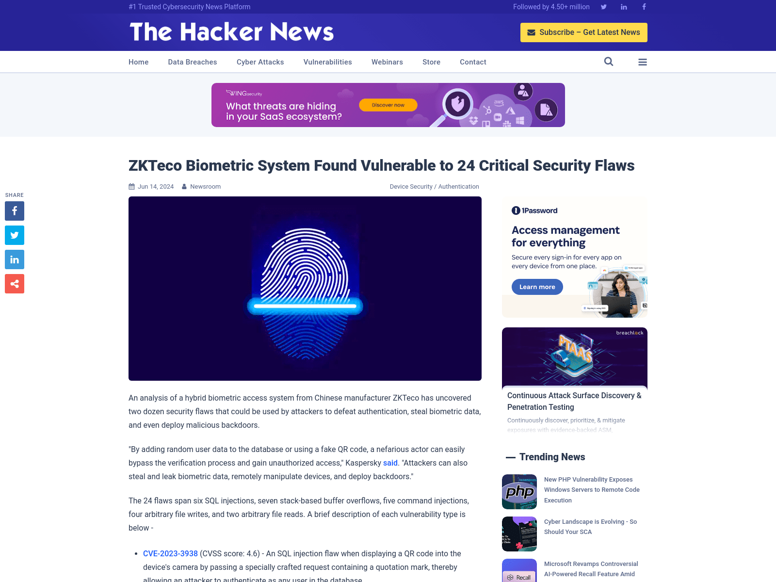 ZKTeco Biometric System Found Vulnerable to 24 Critical Security Flaws