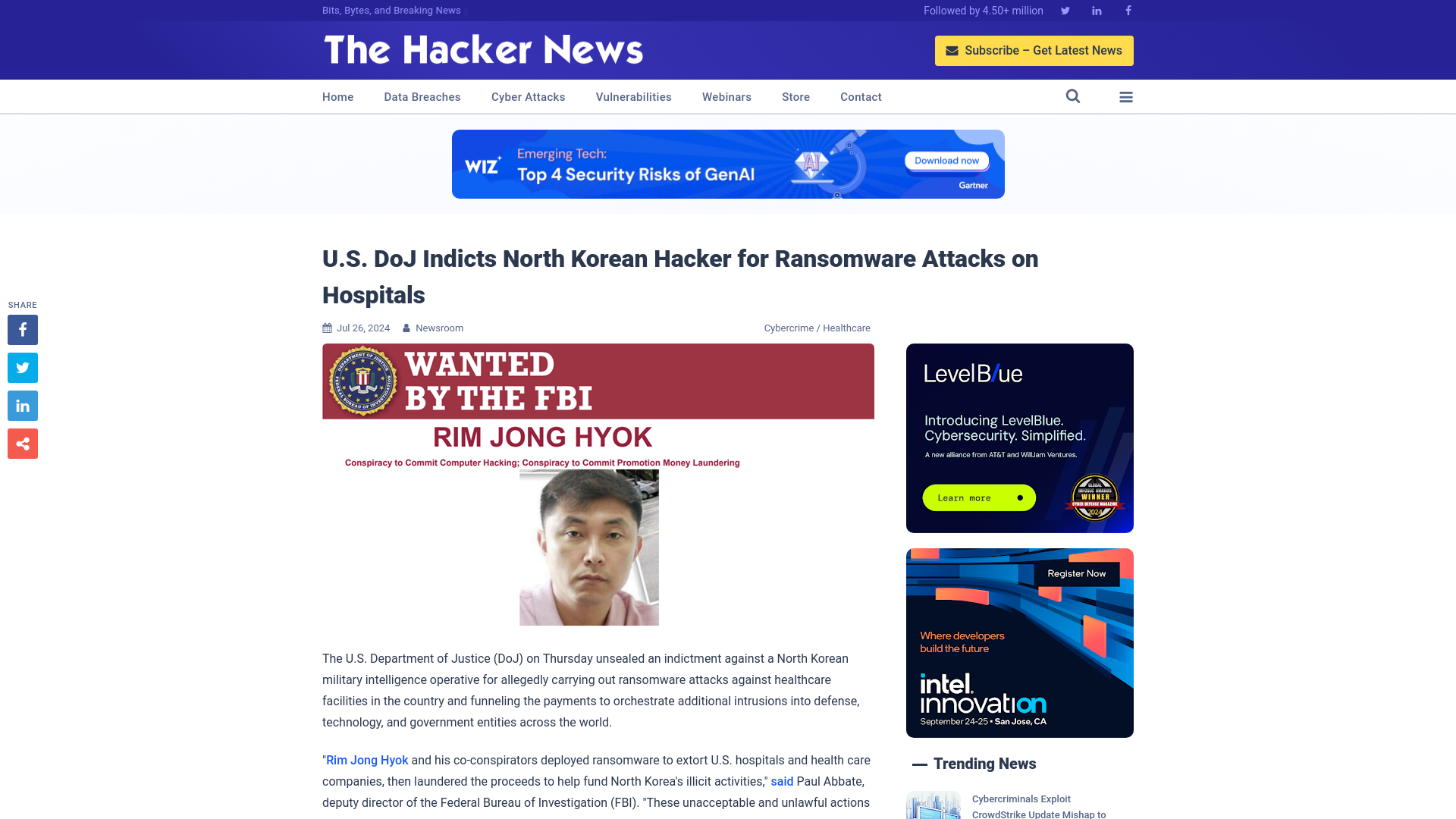 U.S. DoJ Indicts North Korean Hacker for Ransomware Attacks on Hospitals