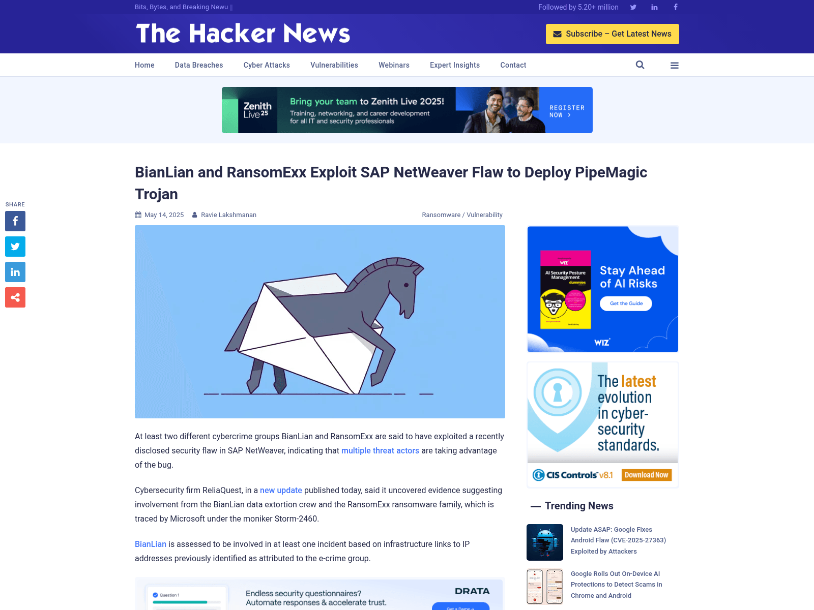BianLian and RansomExx Exploit SAP NetWeaver Flaw to Deploy PipeMagic Trojan