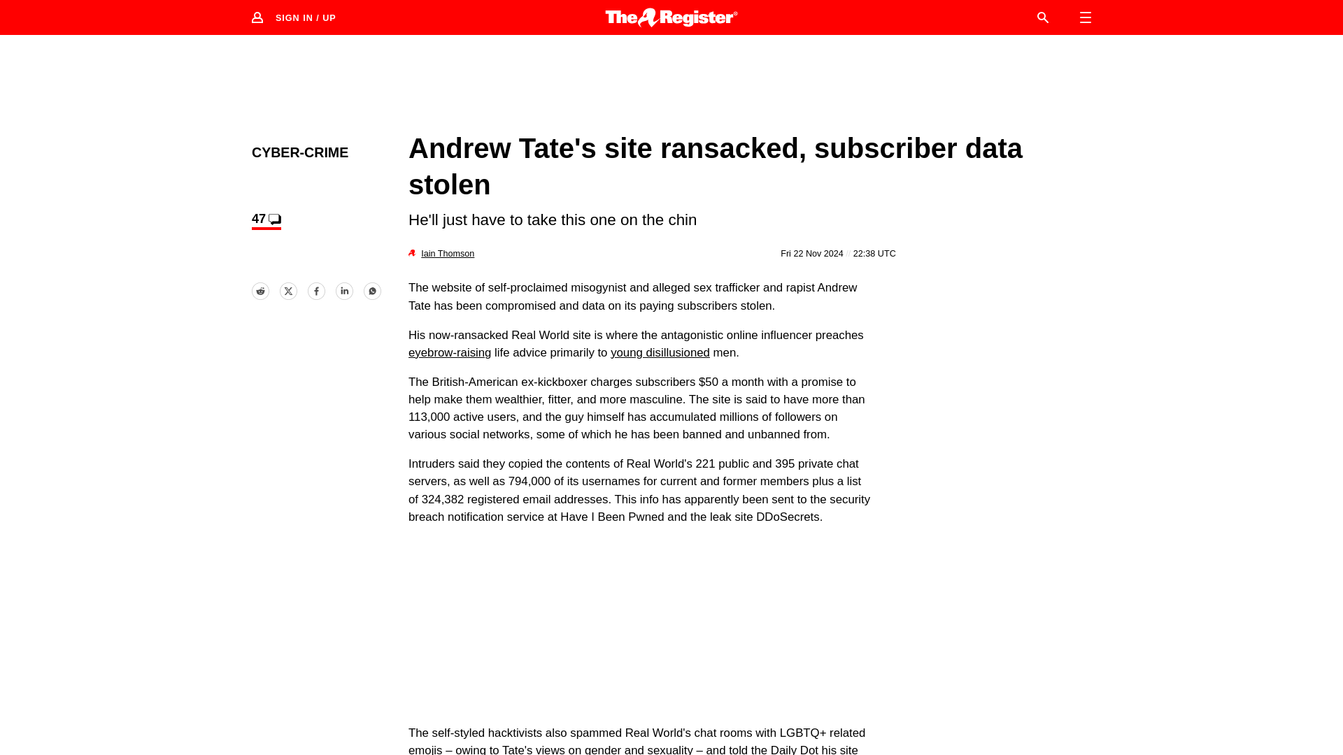 Andrew Tate's Real World website compromised, data stolen • The Register