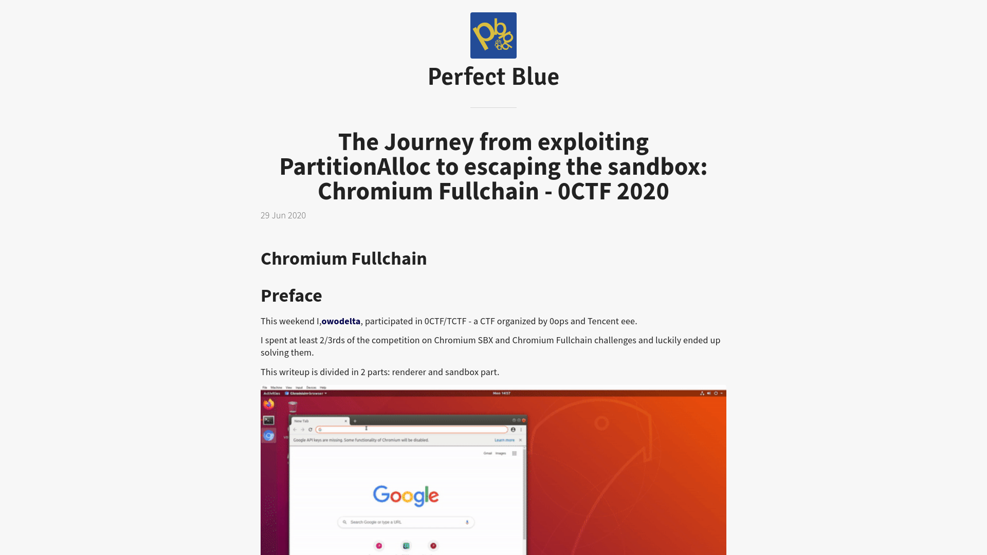 The Journey from exploiting PartitionAlloc to escaping the sandbox: Chromium Fullchain - 0CTF 2020