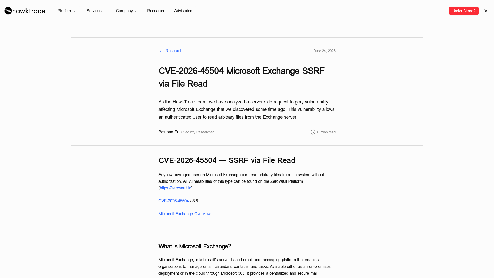 CVE-2026-45504 Microsoft Exchange SSRF via File Read | HawkTrace