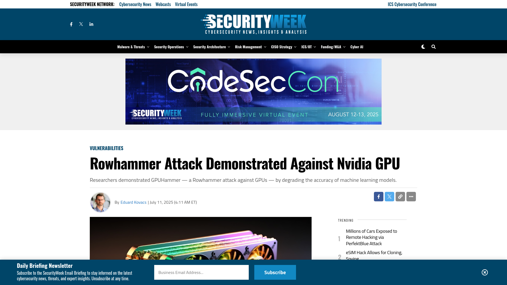 Rowhammer Attack Demonstrated Against Nvidia GPU - SecurityWeek