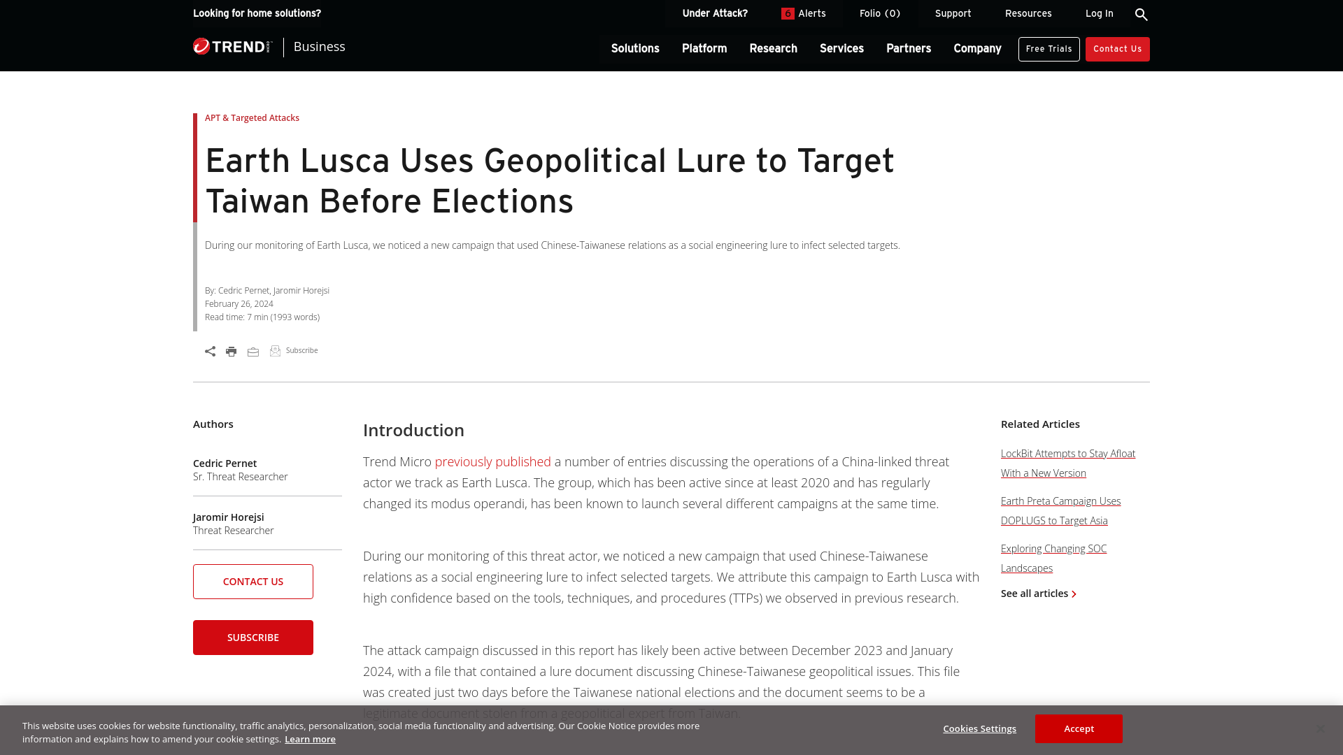 Earth Lusca Uses Geopolitical Lure to Target Taiwan Before Elections