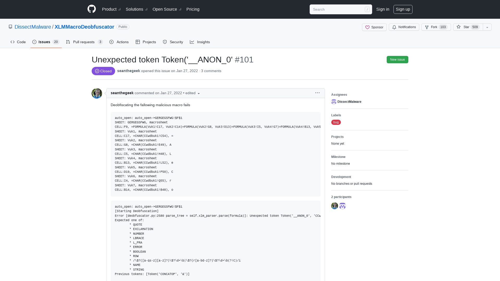 Unexpected token Token('__ANON_0' · Issue #101 · DissectMalware/XLMMacroDeobfuscator · GitHub