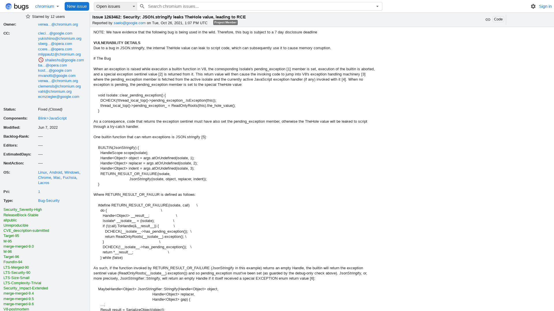 1263462 - Security: JSON.stringify leaks TheHole value, leading to RCE - chromium
