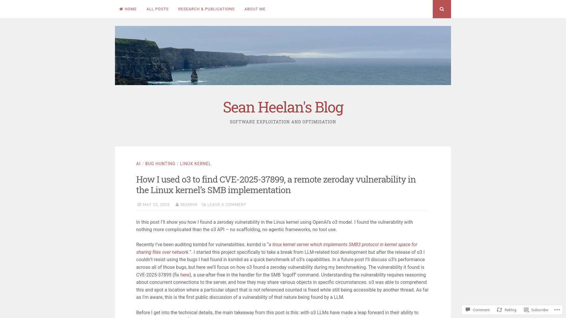 How I used o3 to find CVE-2025-37899, a remote zeroday vulnerability in the Linux kernel’s SMB implementation – Sean Heelan's Blog