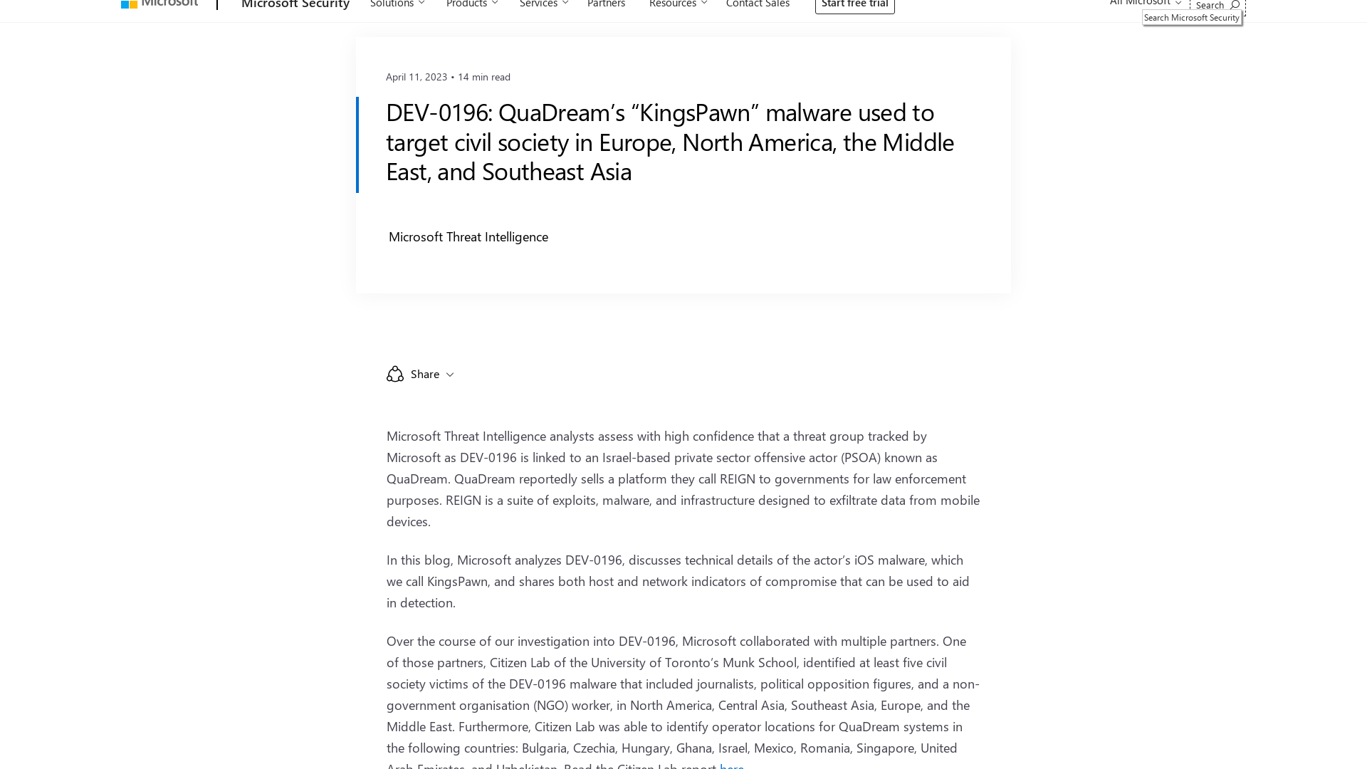 DEV-0196: QuaDream’s “KingsPawn” malware used to target civil society in Europe, North America, the Middle East, and Southeast Asia - Microsoft Security Blog