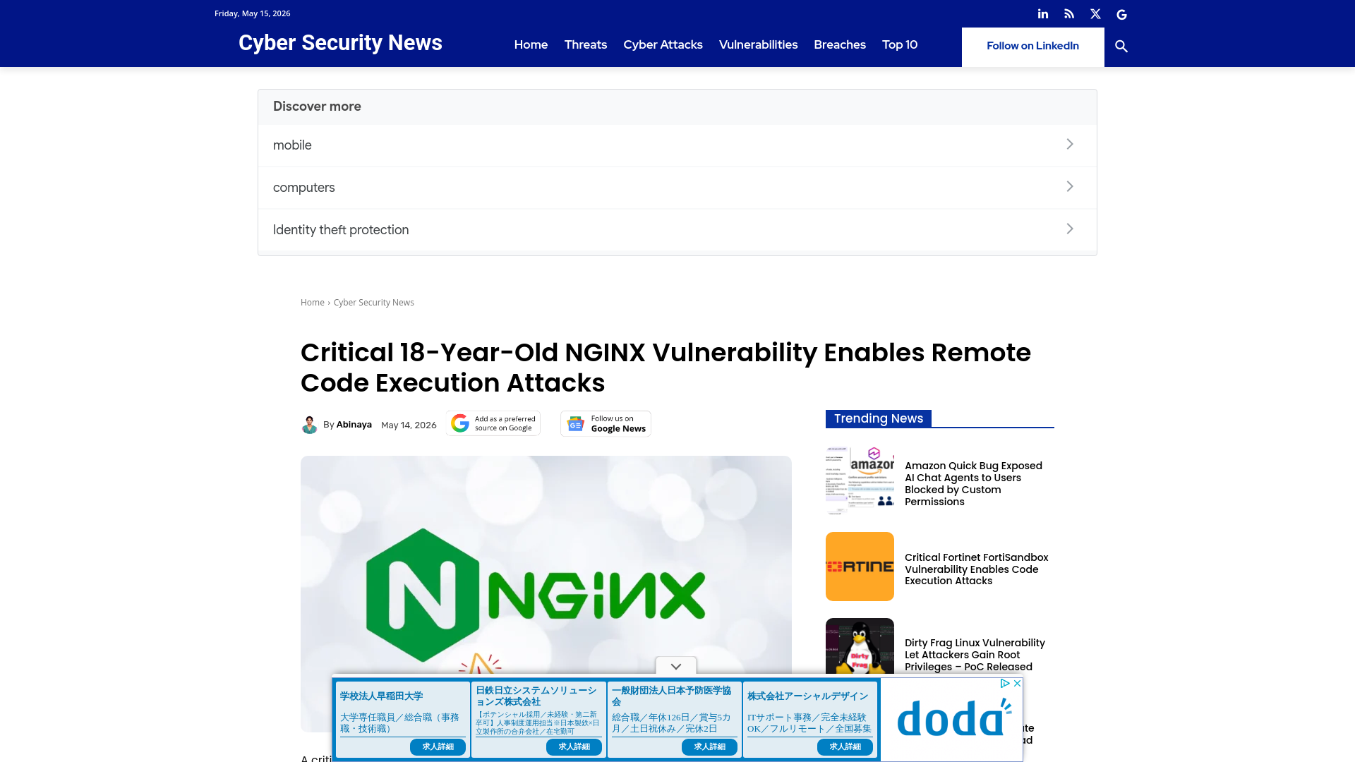 Critical 18-Year-Old NGINX Vulnerability Enables Remote Code Execution Attacks
