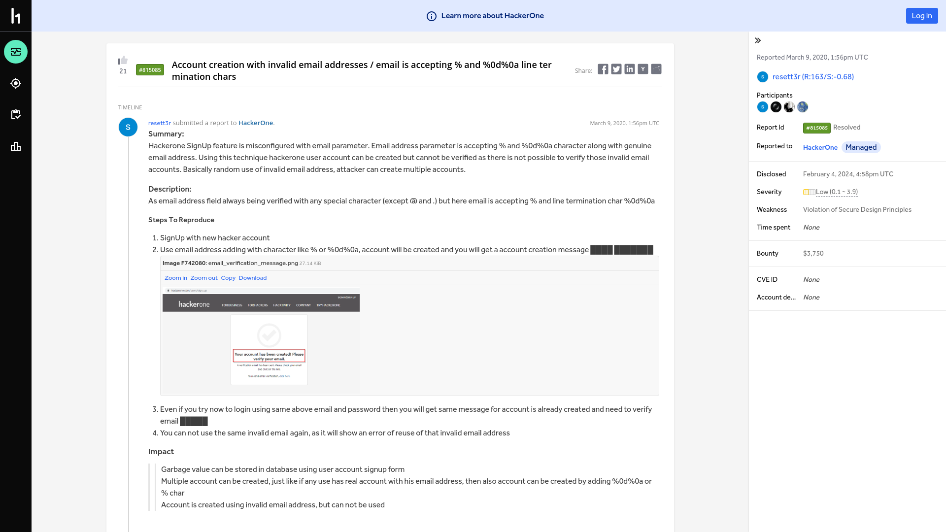 HackerOne | Report #815085 - Account creation with invalid email addresses / email is accepting % and %0d%0a line termination chars | HackerOne