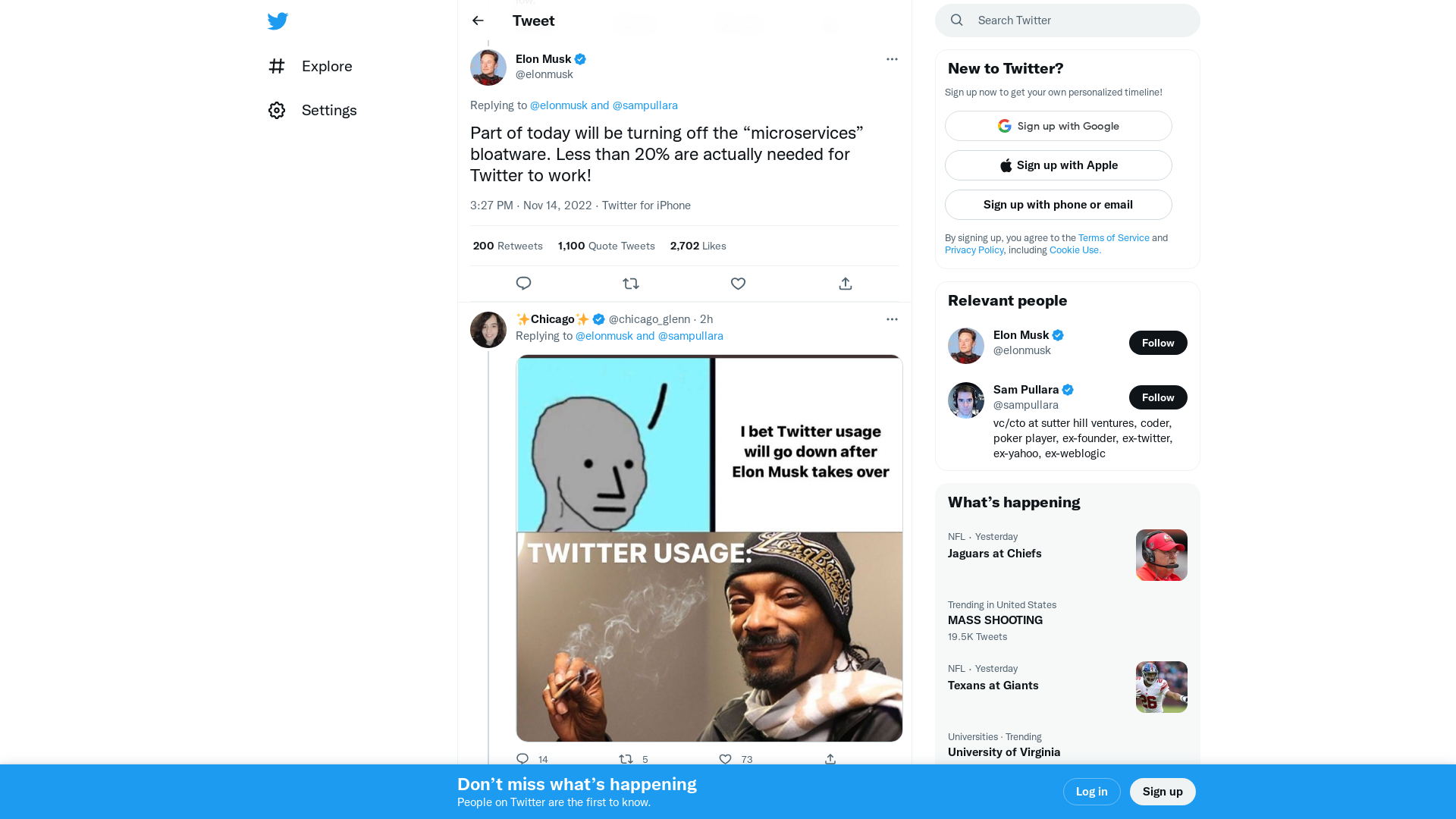 Elon Musk on Twitter: "@sampullara Part of today will be turning off the “microservices” bloatware. Less than 20% are actually needed for Twitter to work!" / Twitter