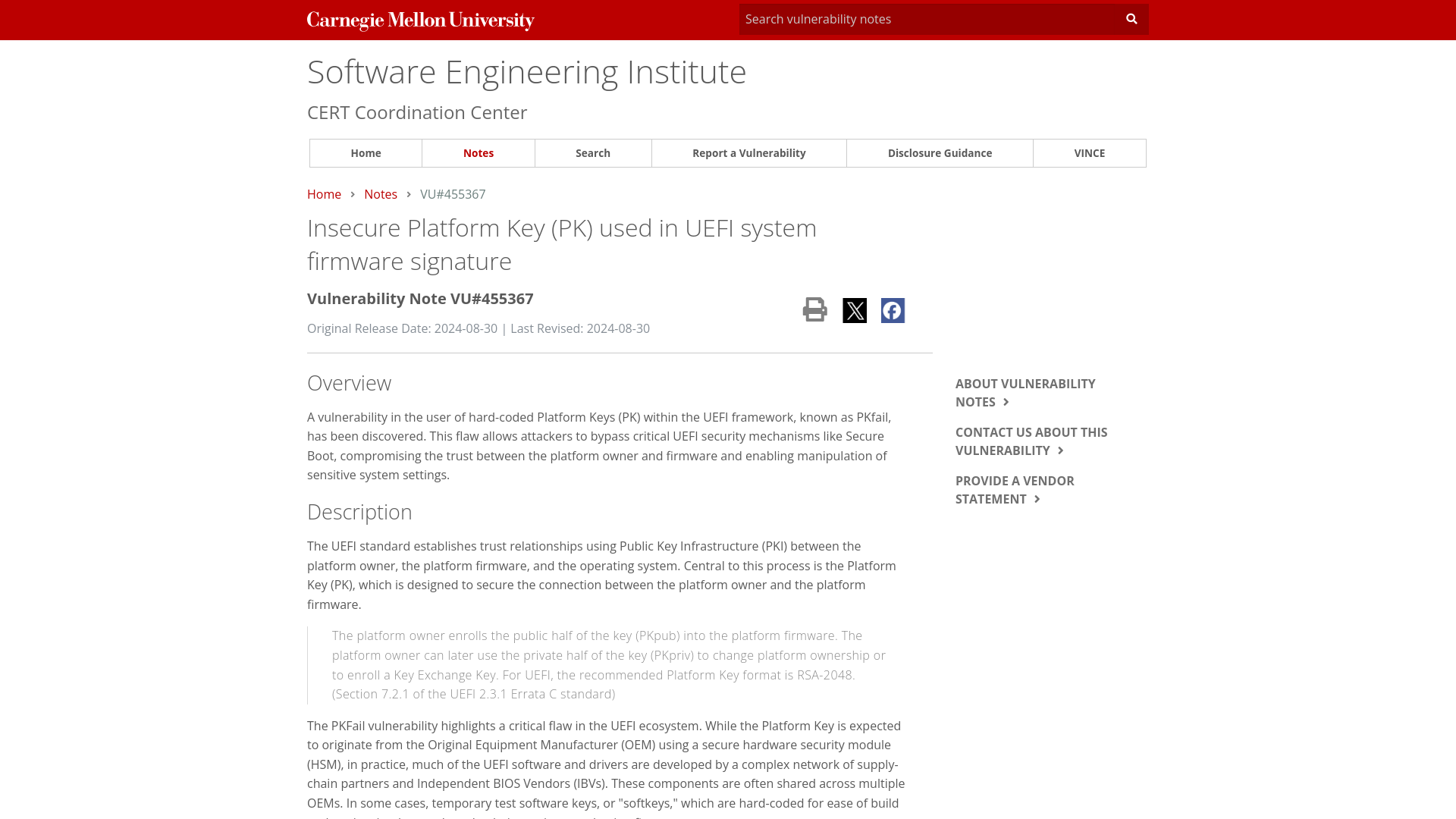 VU#455367 - Insecure Platform Key (PK) used in UEFI system firmware signature