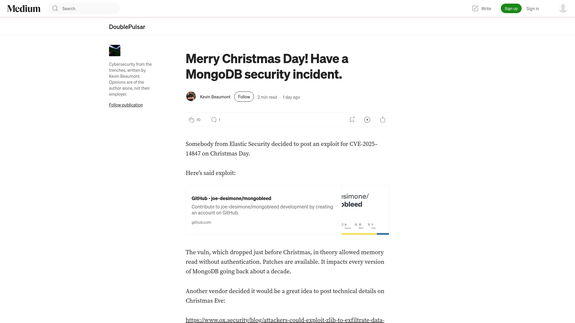 Merry Christmas Day! Have a MongoDB security incident. | by Kevin Beaumont | Dec, 2025 | DoublePulsar