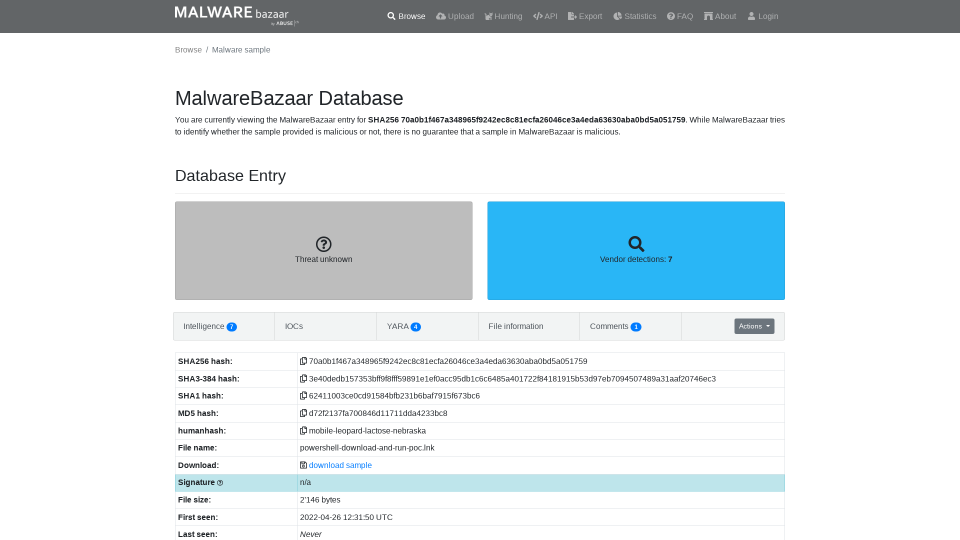 MalwareBazaar | SHA256 70a0b1f467a348965f9242ec8c81ecfa26046ce3a4eda63630aba0bd5a051759