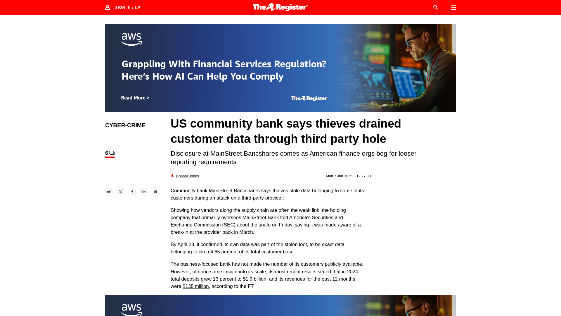MainStreet reports third-party breach of bank customer data • The Register