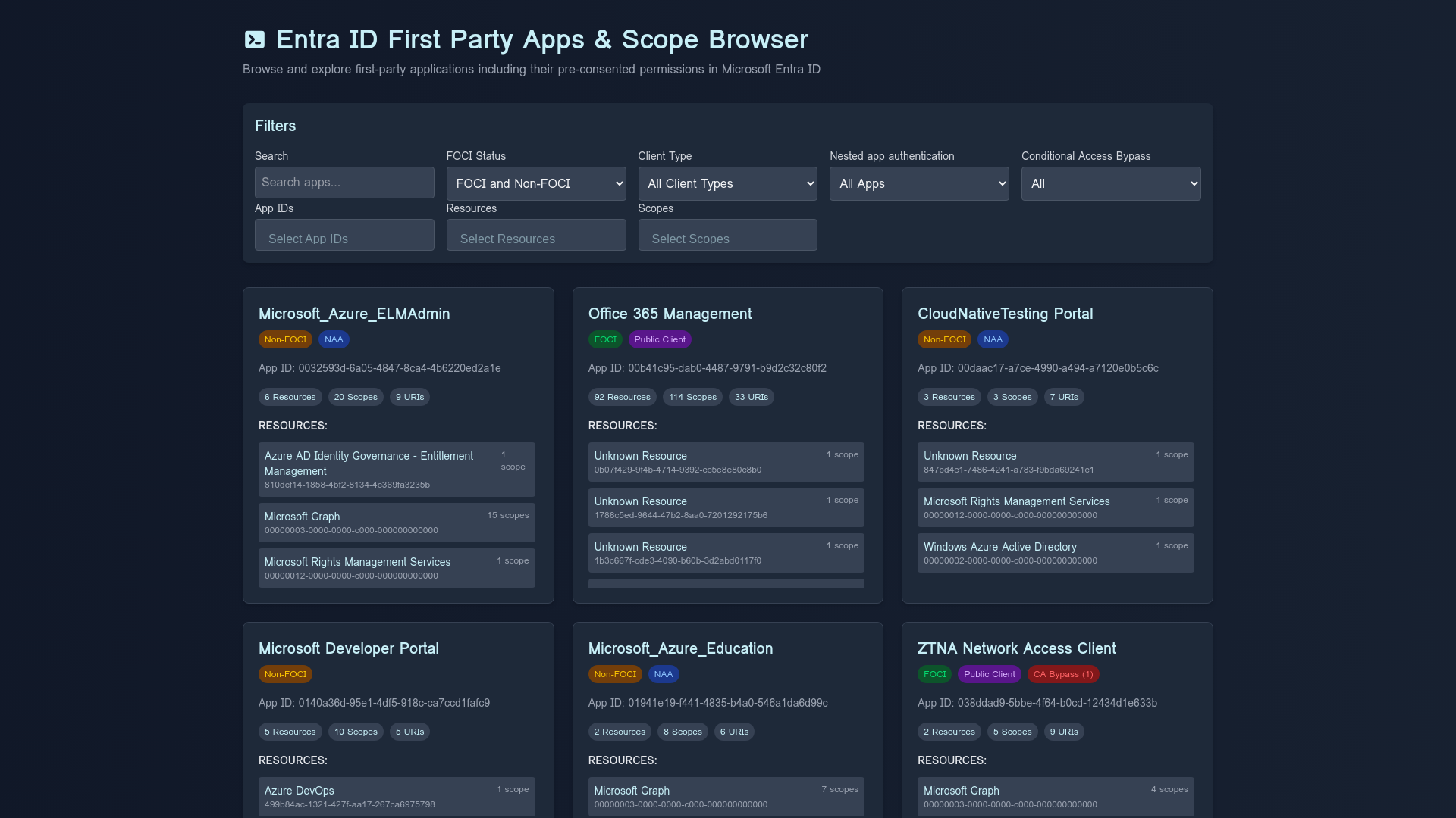 Entra ID First Party Apps & Scope Browser