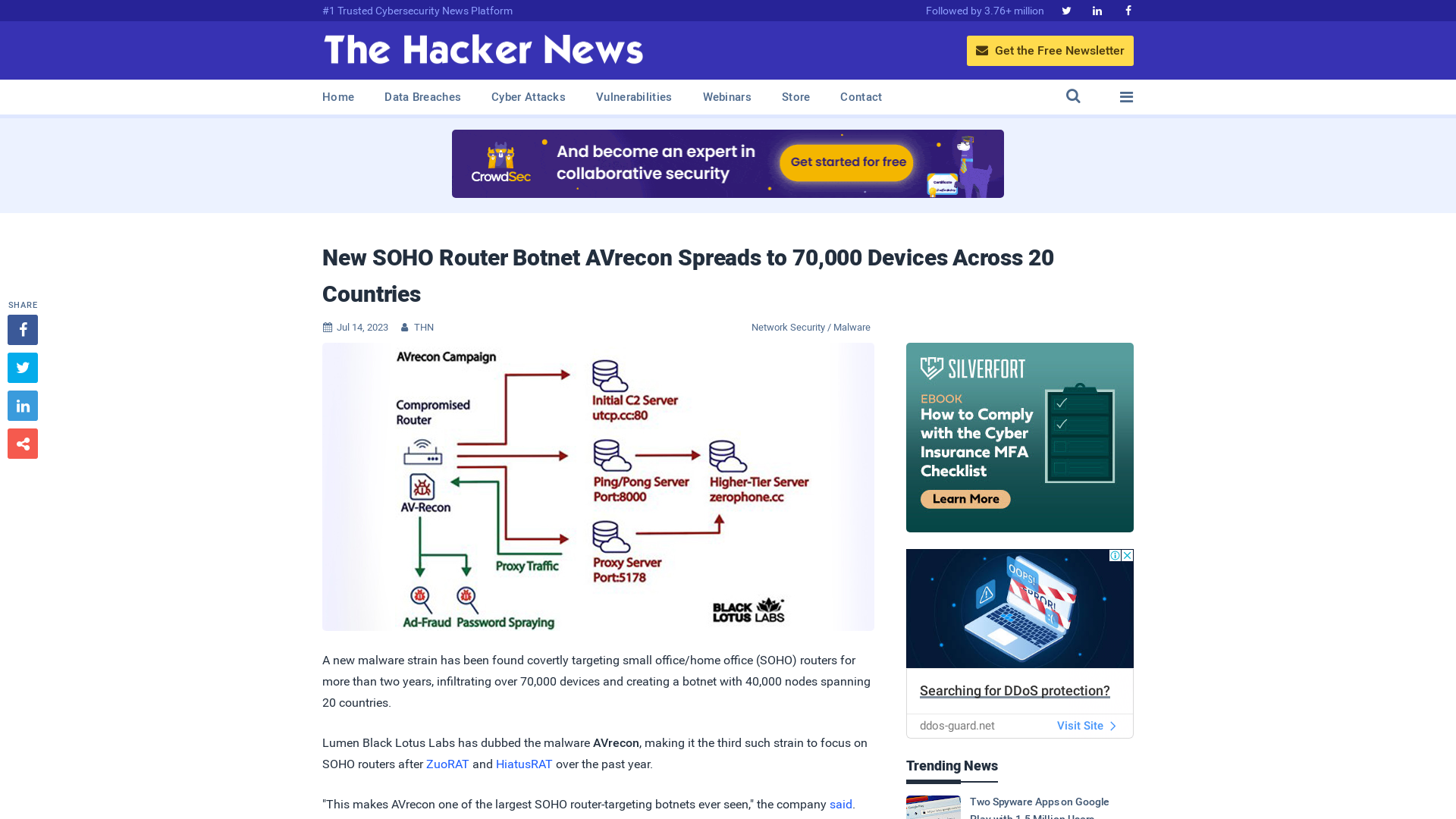 New SOHO Router Botnet AVrecon Spreads to 70,000 Devices Across 20 Countries