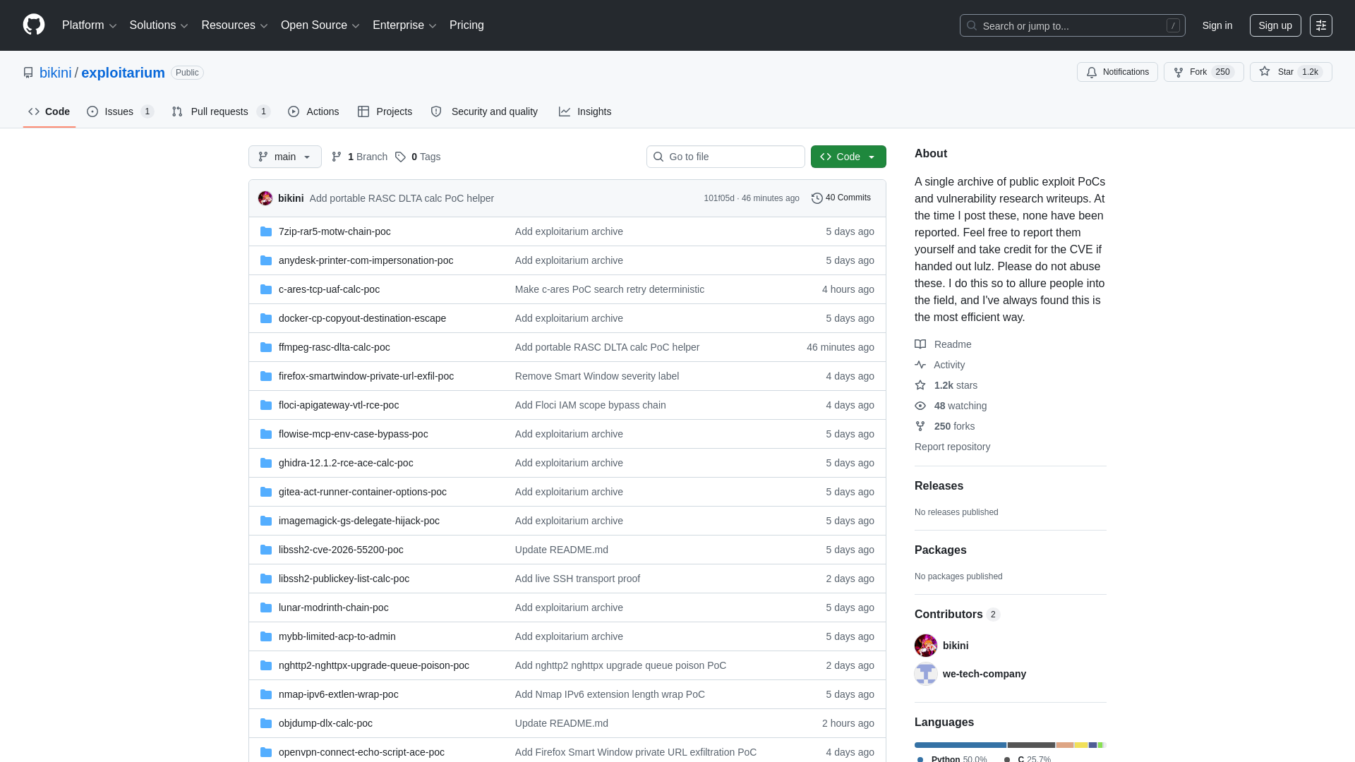 GitHub - bikini/exploitarium: A single archive of public exploit PoCs and vulnerability research writeups. At the time I post these, none have been reported. Feel free to report them yourself and take credit for the CVE if handed out lulz. Please do not abuse these. I do this so to allure people into the field, and I've always found this is the most efficient way. · GitHub