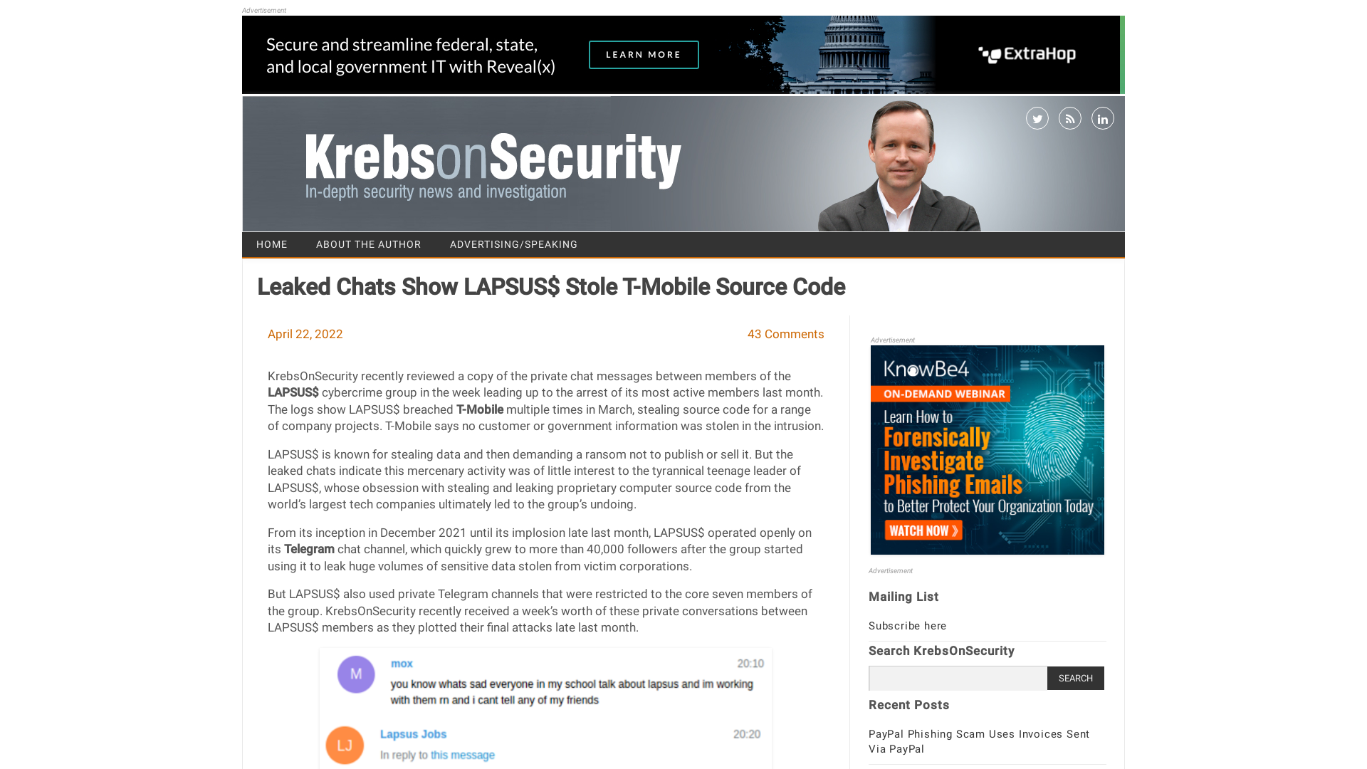 Leaked Chats Show LAPSUS$ Stole T-Mobile Source Code – Krebs on Security