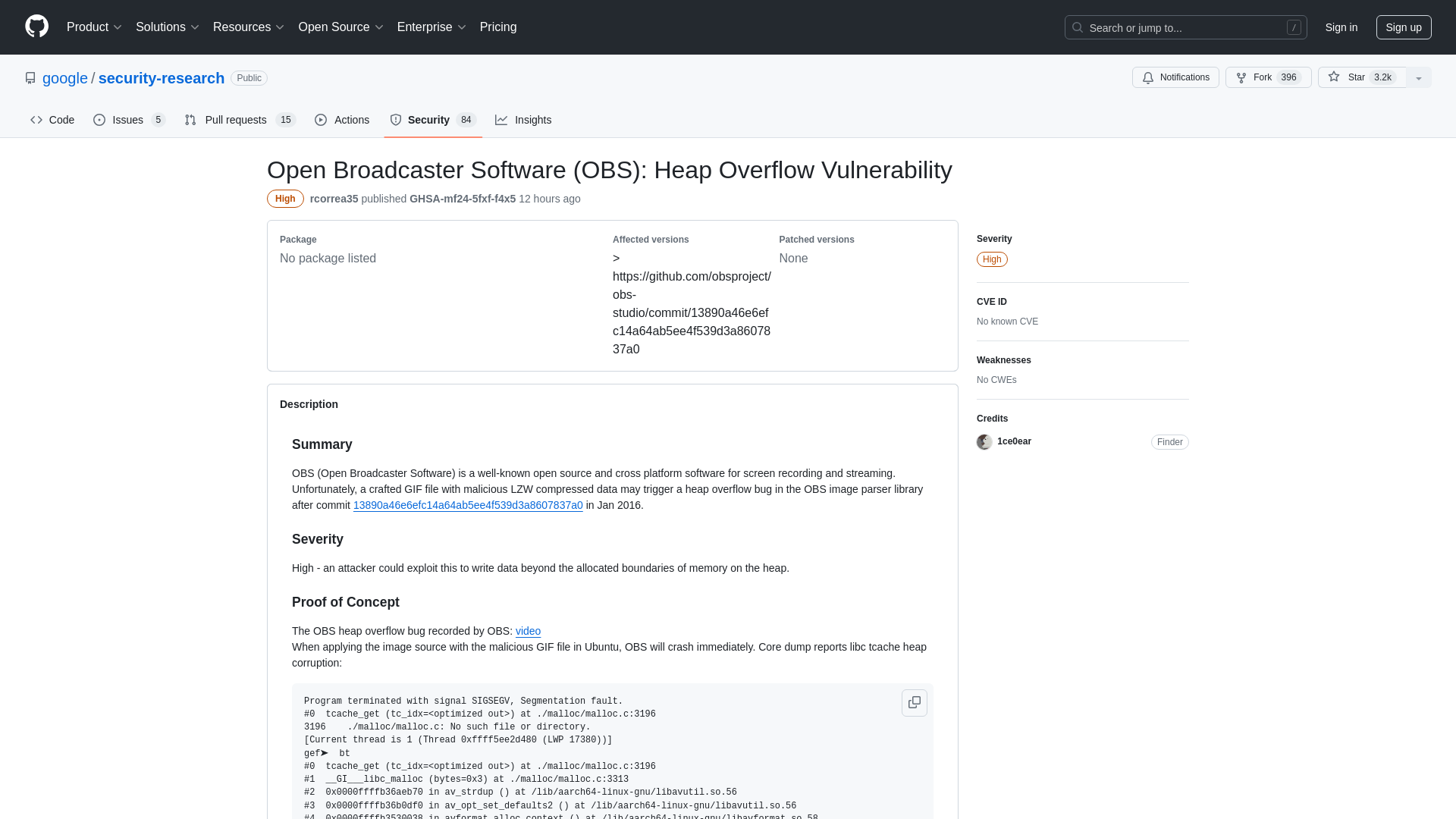 Open Broadcaster Software (OBS): Heap Overflow Vulnerability · Advisory · google/security-research · GitHub