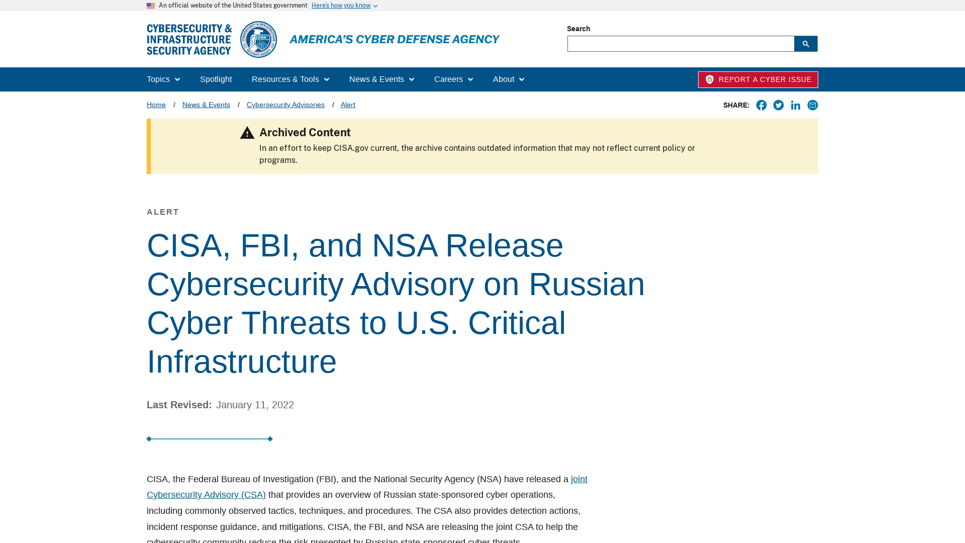 CISA, FBI, and NSA Release Cybersecurity Advisory on Russian Cyber Threats to U.S. Critical Infrastructure | CISA