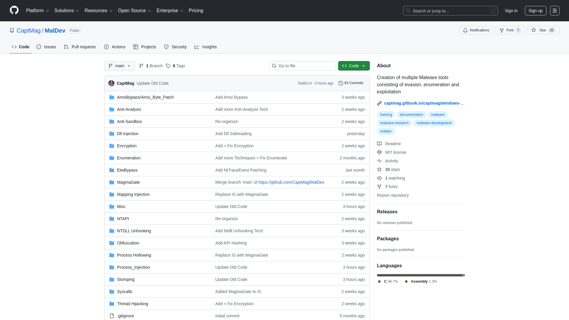 GitHub - CaptMag/MalDev: Creation of multiple Malware tools consisting of evasion, enumeration and exploitation