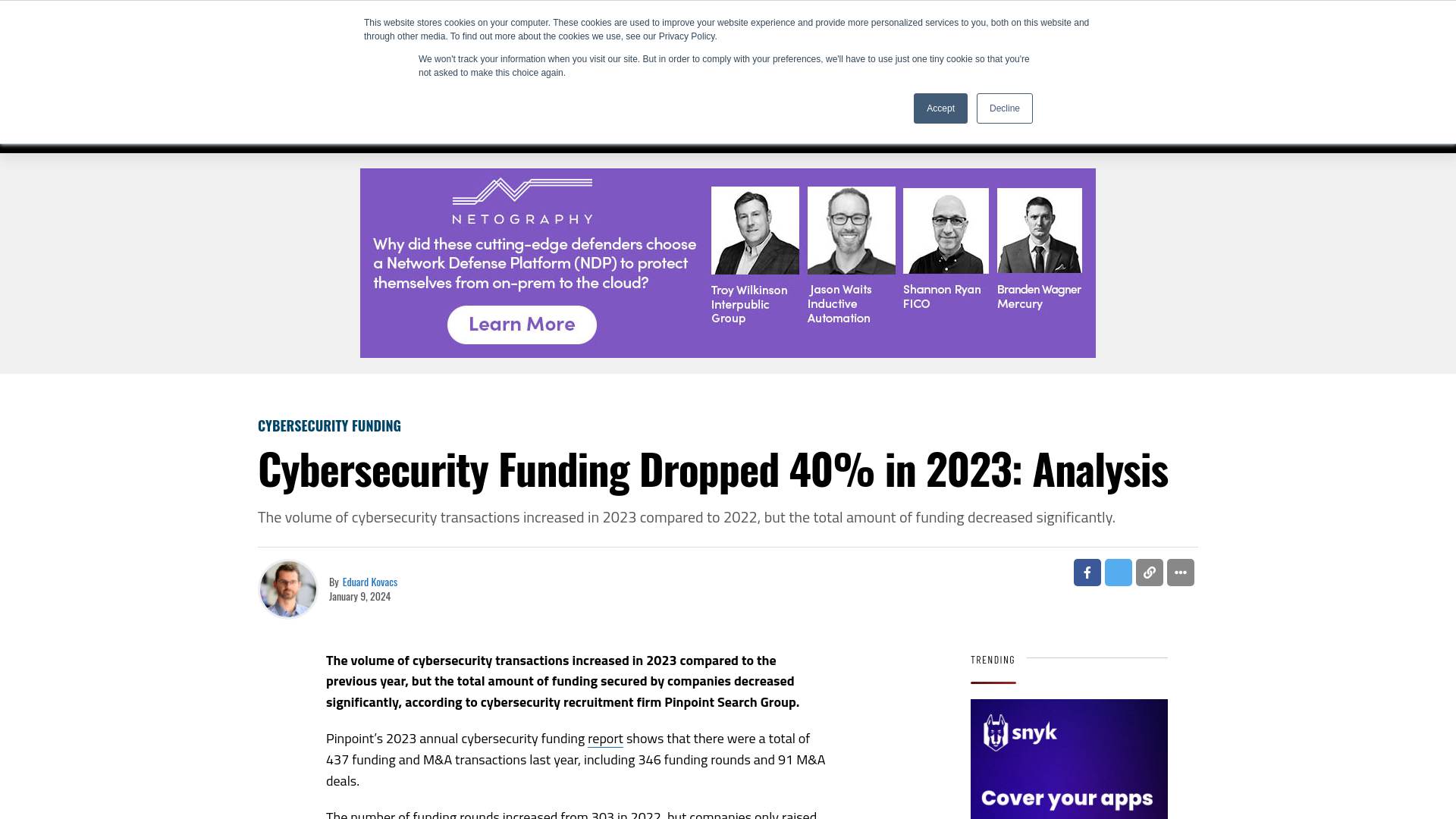 Cybersecurity Funding Dropped 40% in 2023: Analysis - SecurityWeek