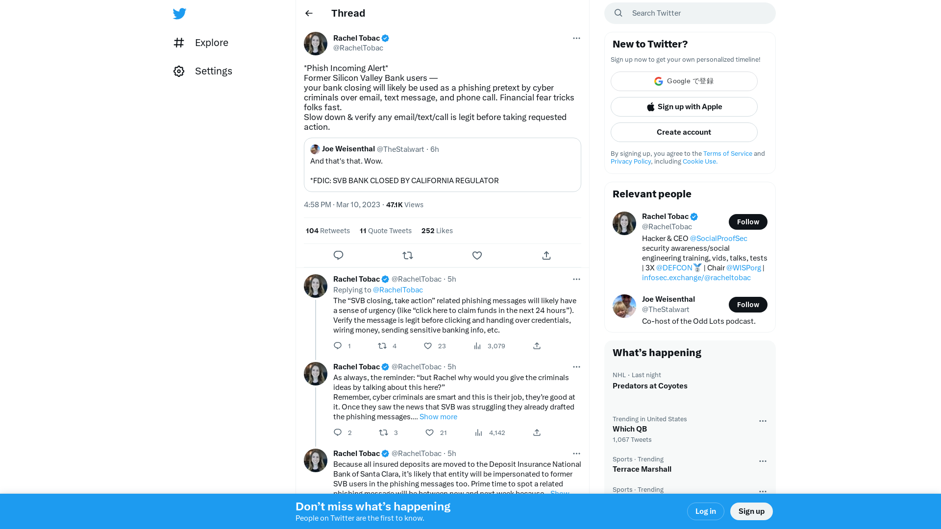 Rachel Tobac on Twitter: "*Phish Incoming Alert* Former Silicon Valley Bank users — your bank closing will likely be used as a phishing pretext by cyber criminals over email, text message, and phone call. Financial fear tricks folks fast. Slow down &amp; verify any email/text/call is legit before taking…" / Twitter