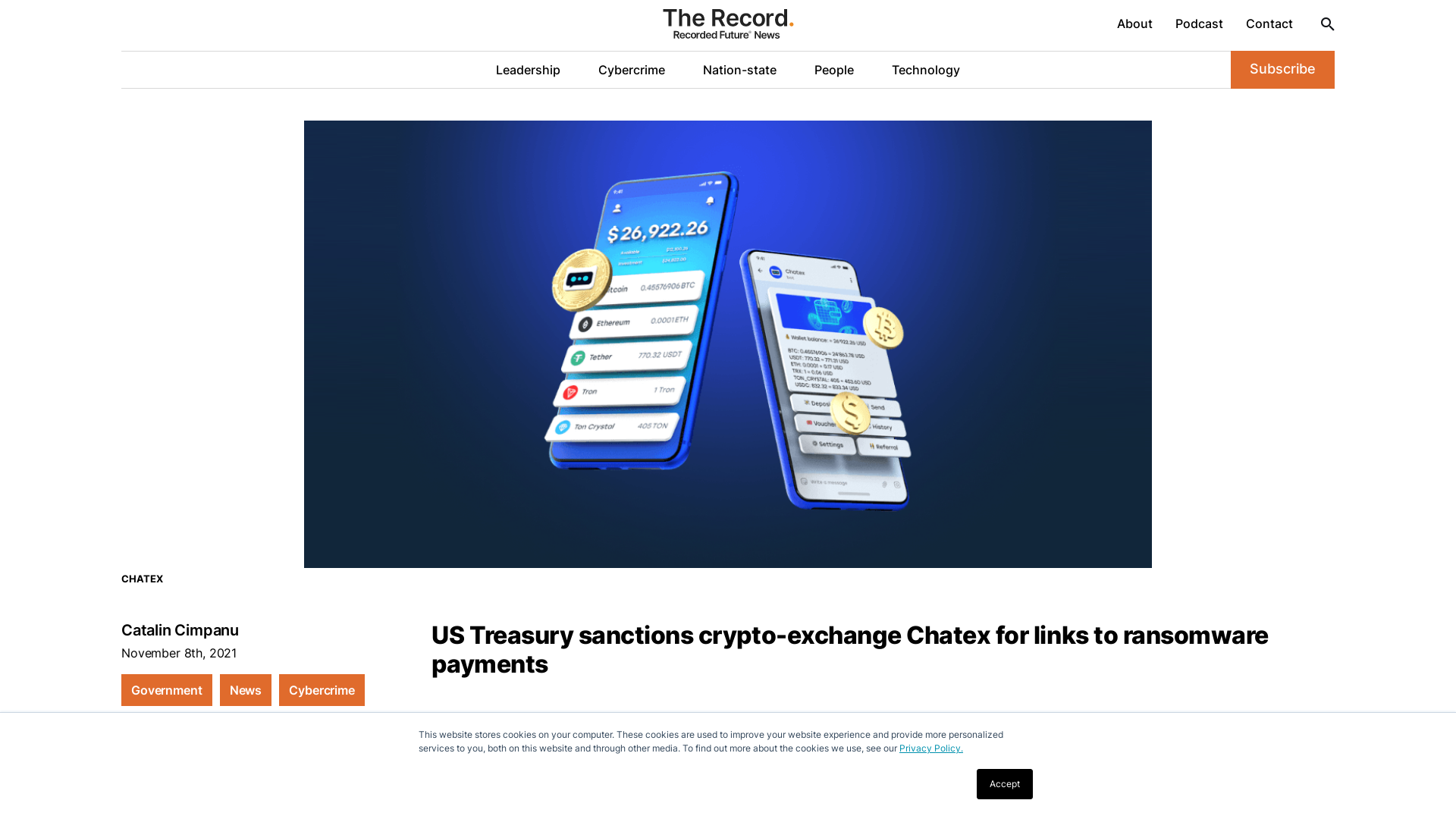 US Treasury sanctions crypto-exchange Chatex for links to ransomware payments