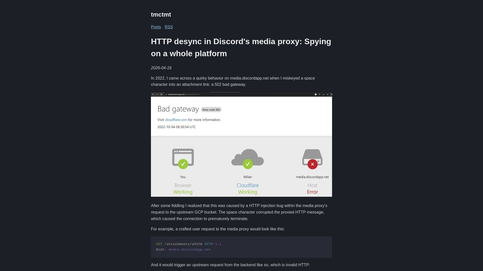HTTP desync in Discord's media proxy: Spying on a whole platform | tmctmt