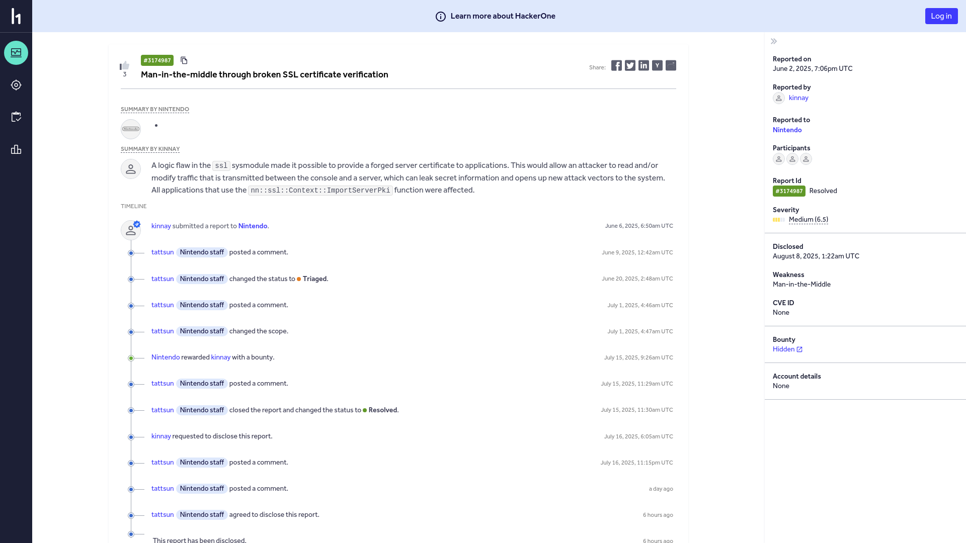 Nintendo | Report #3174987 - Man-in-the-middle through broken SSL certificate verification | HackerOne