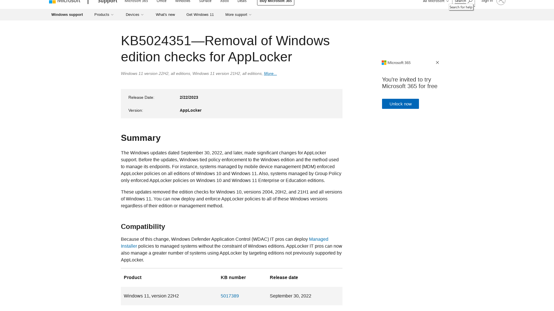 KB5024351—Removal of Windows edition checks for AppLocker - Microsoft Support